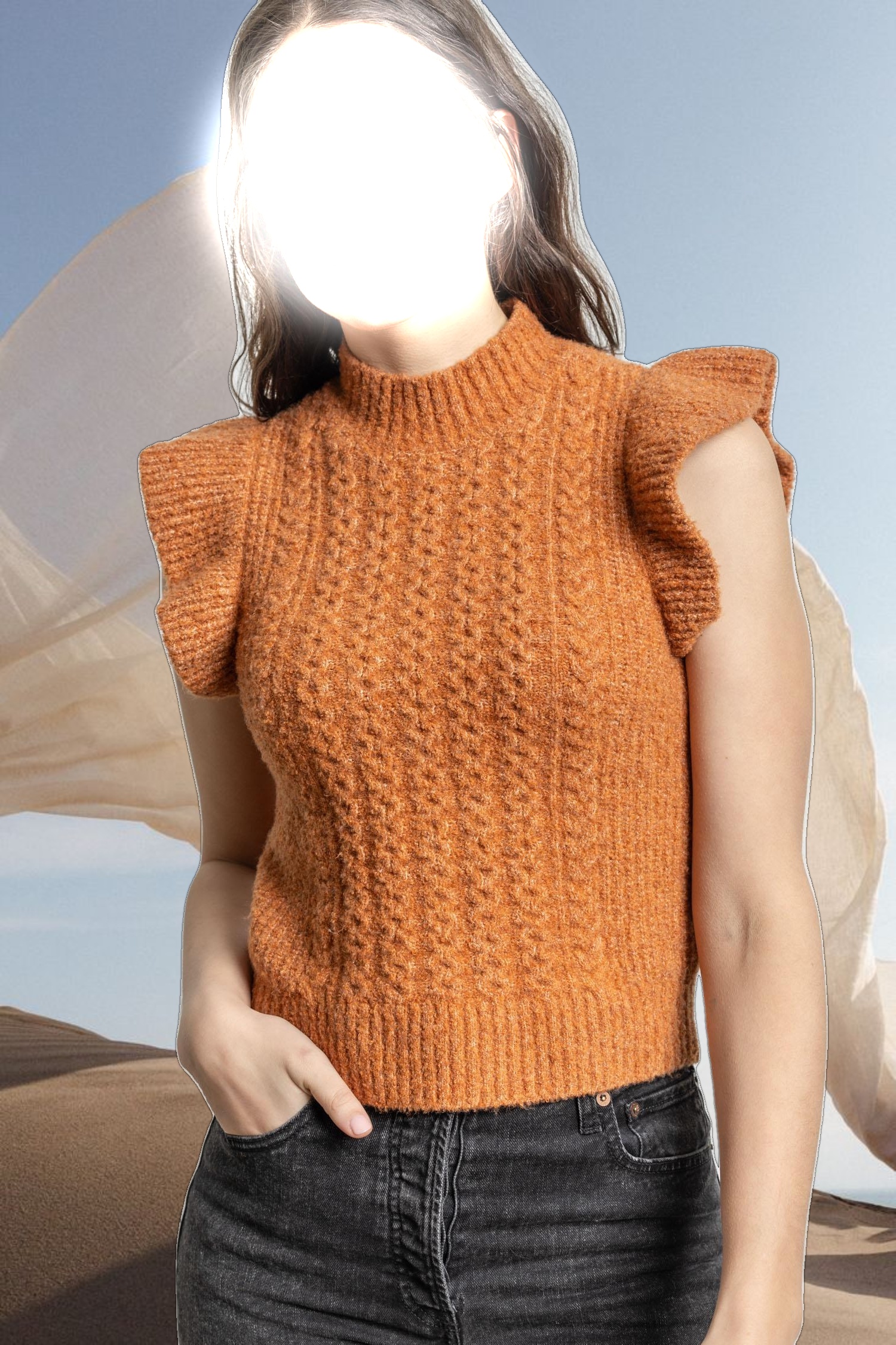 Flutter Sleeve Mock Neck Sweater