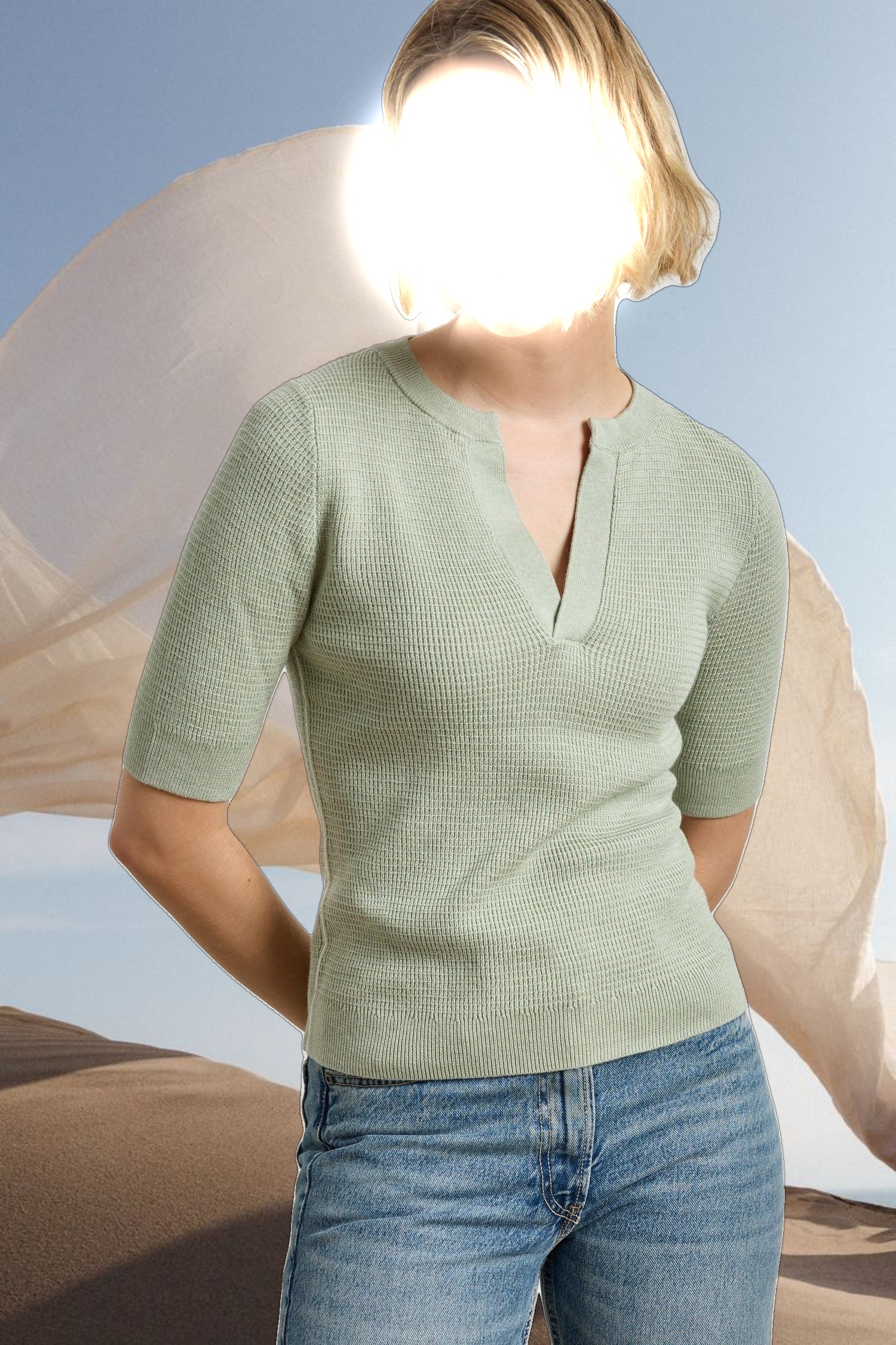 Elbow Sleeve Split Neck Sweater