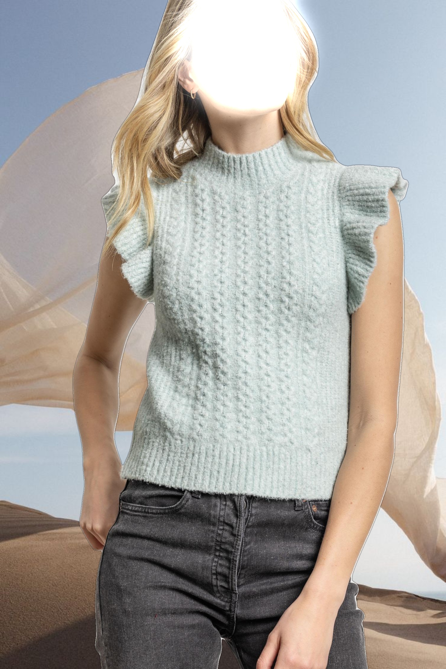 Flutter Sleeve Mock Neck Sweater