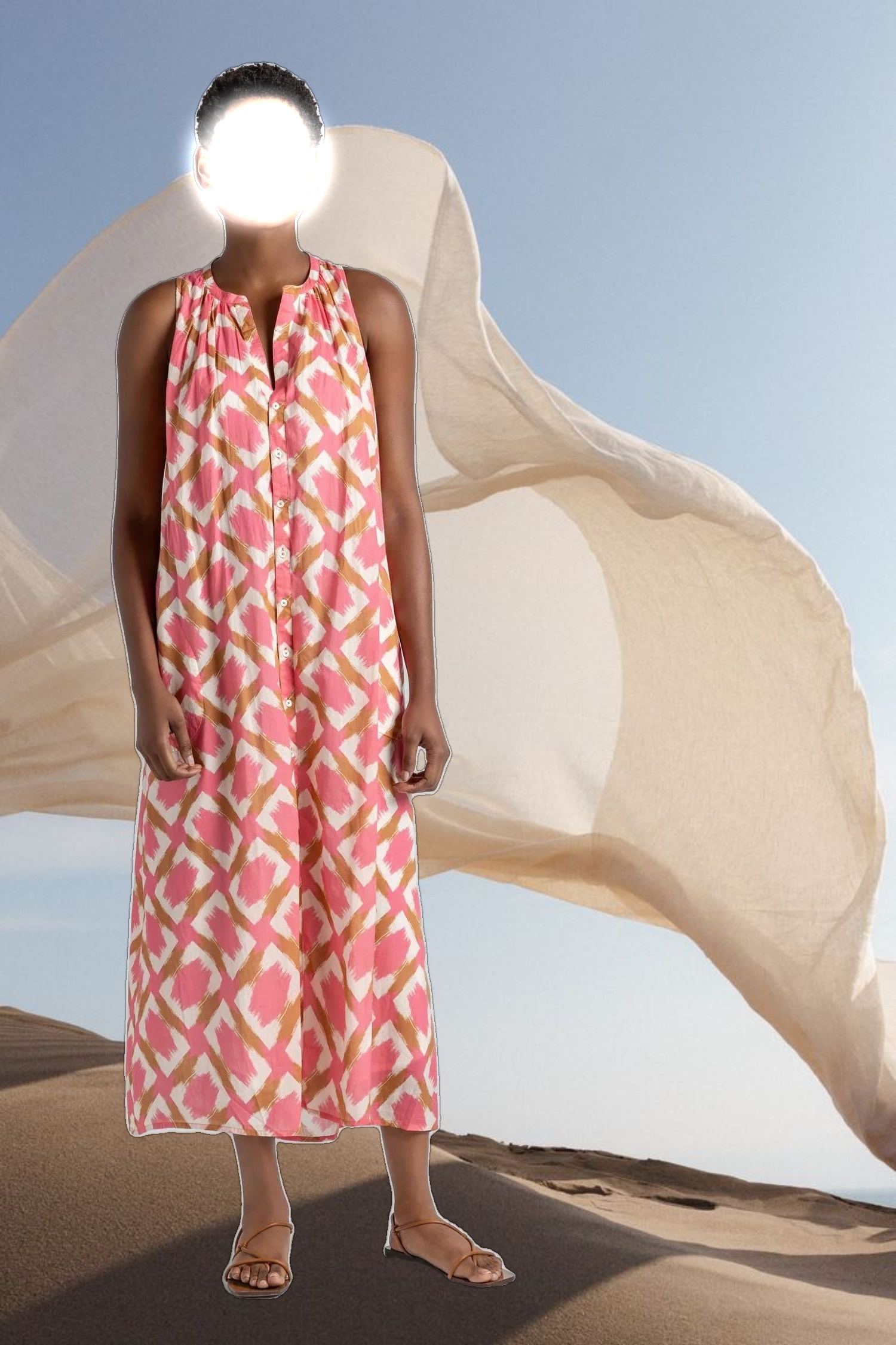 Split Neck Belted Maxi Dress