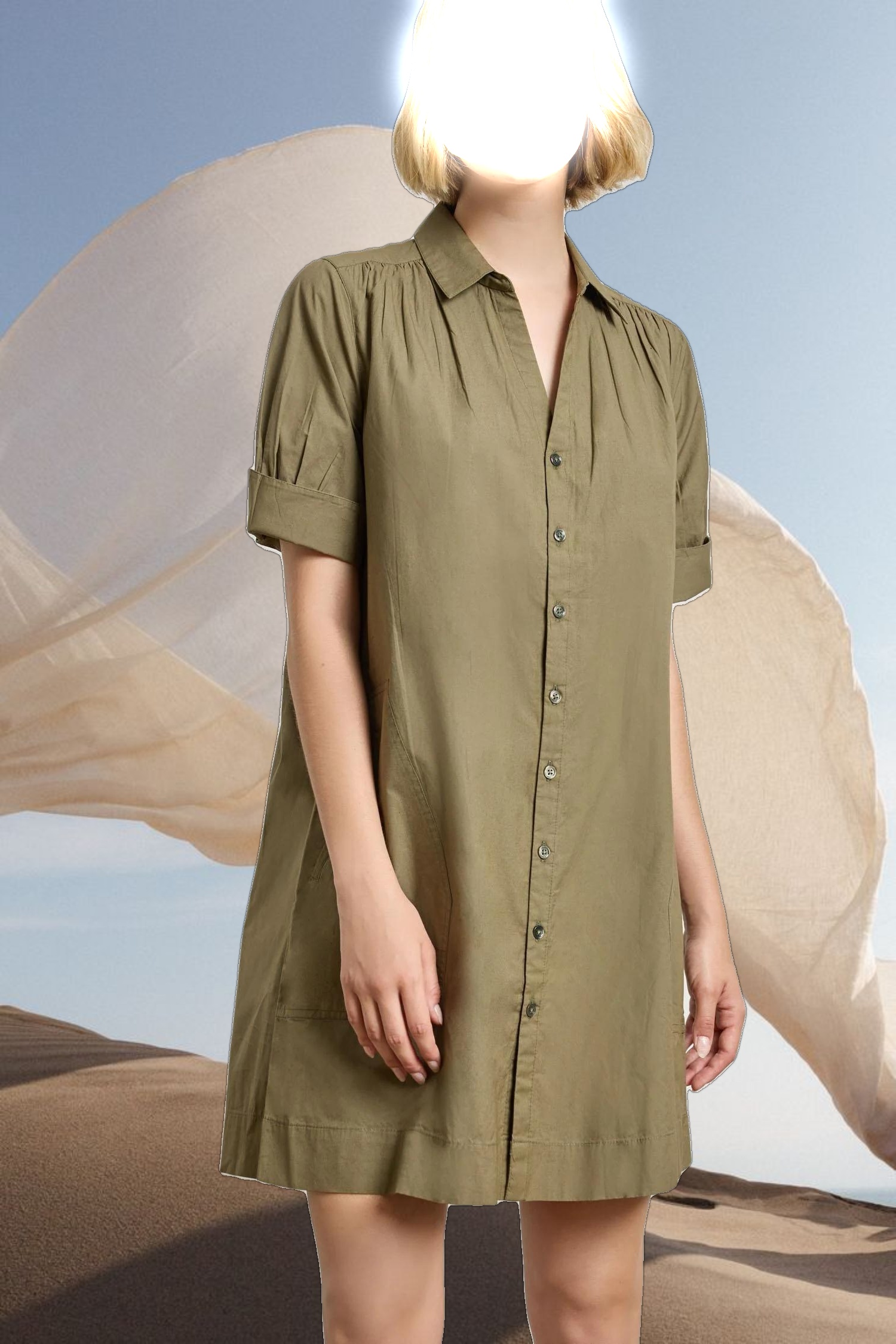 Shirred Sleeve Shirt Dress