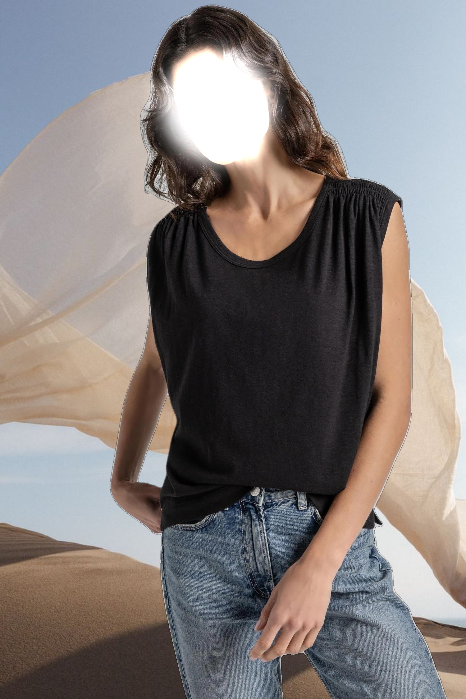 Shirred Shoulder Scoop Neck Tee