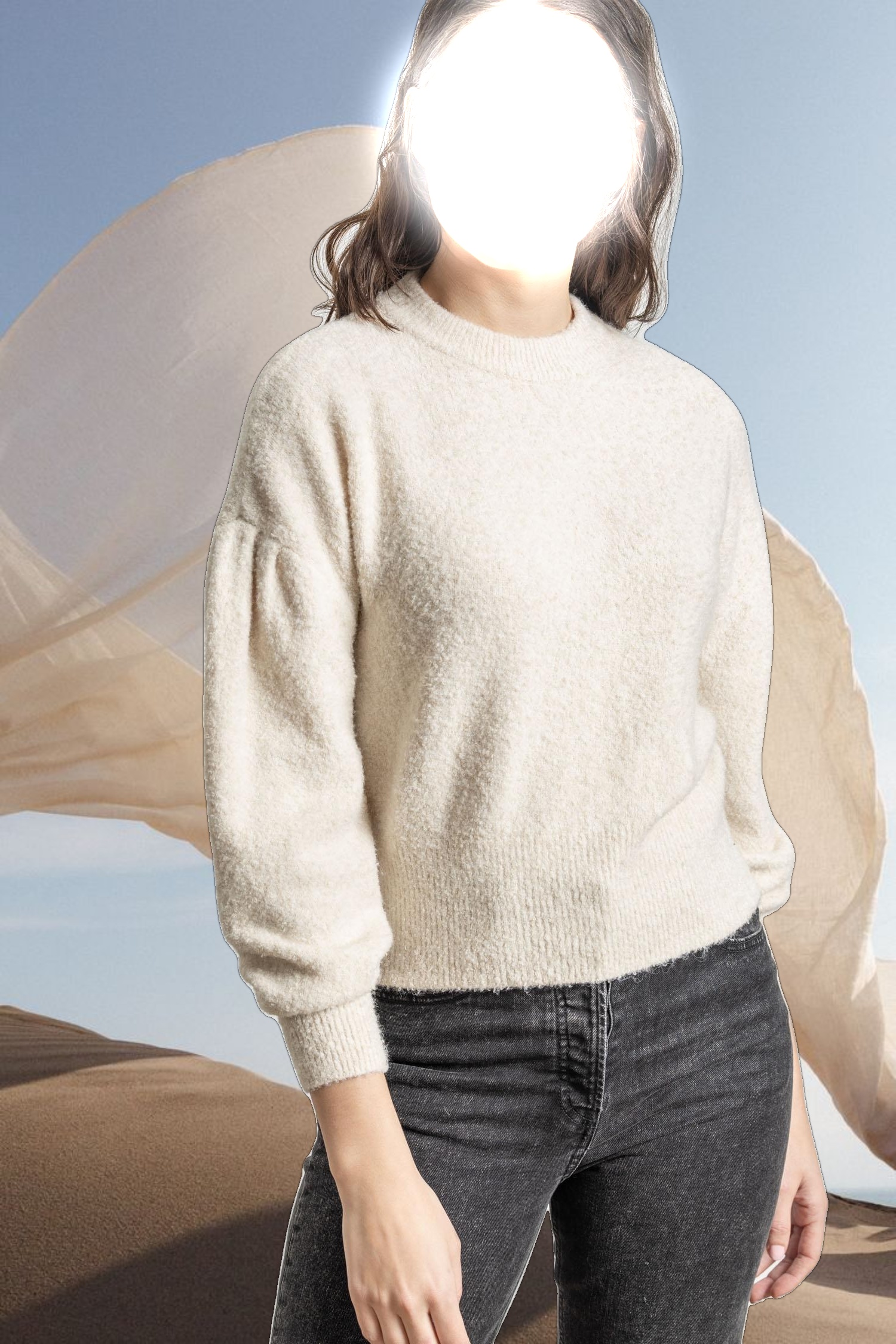 Pleated Sleeve Crewneck Sweater