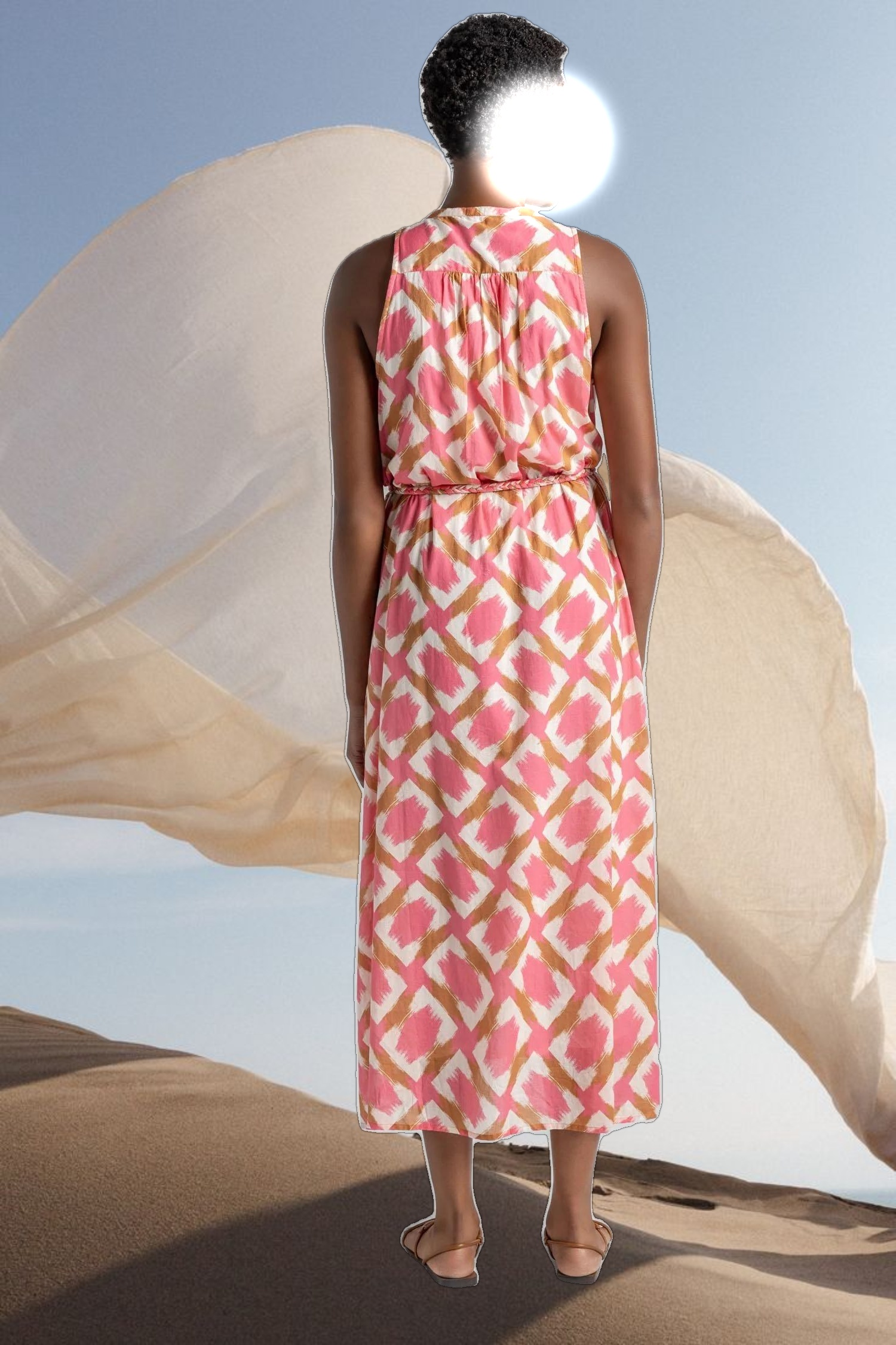 Split Neck Belted Maxi Dress