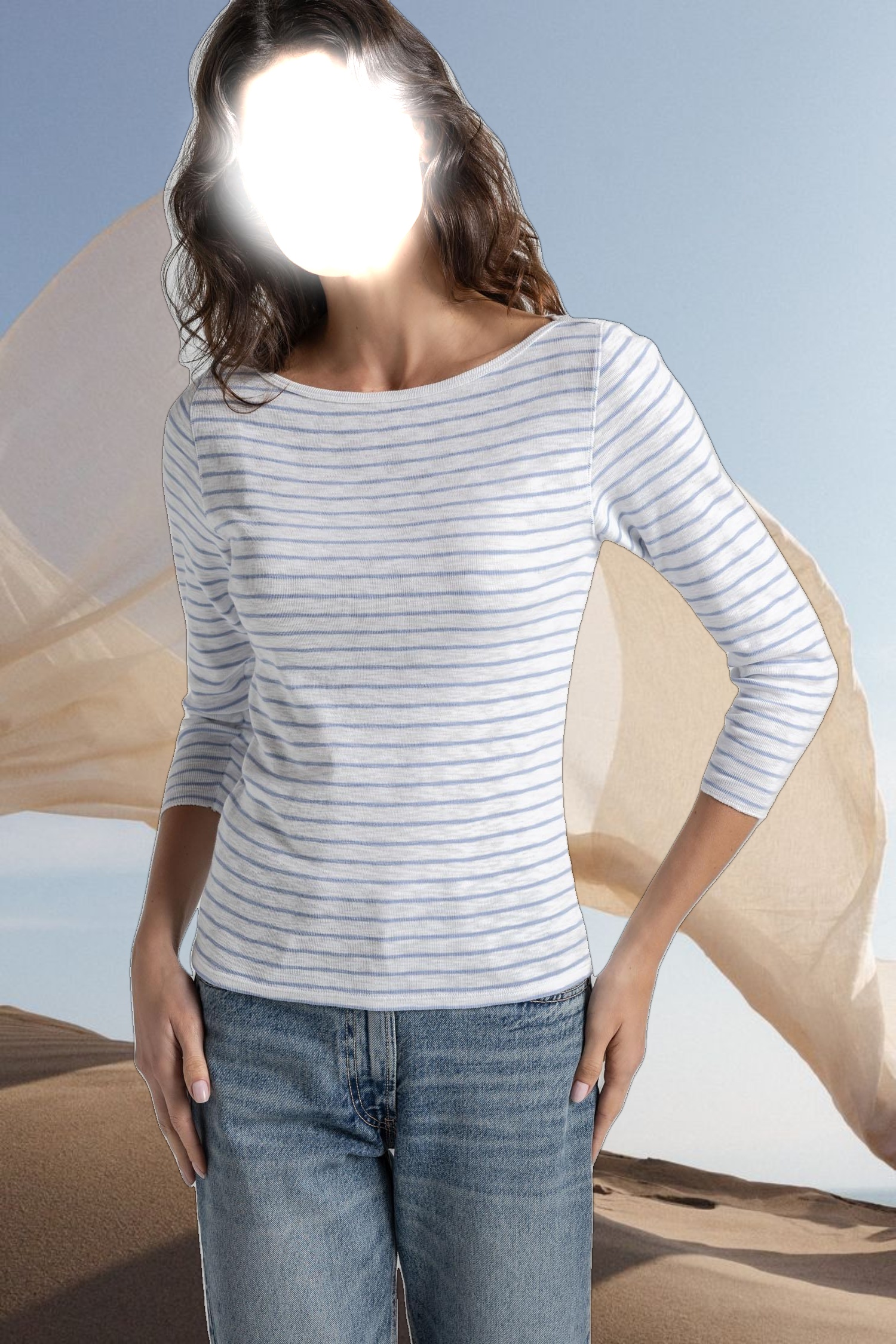 Striped 3/4 Sleeve Boatneck
