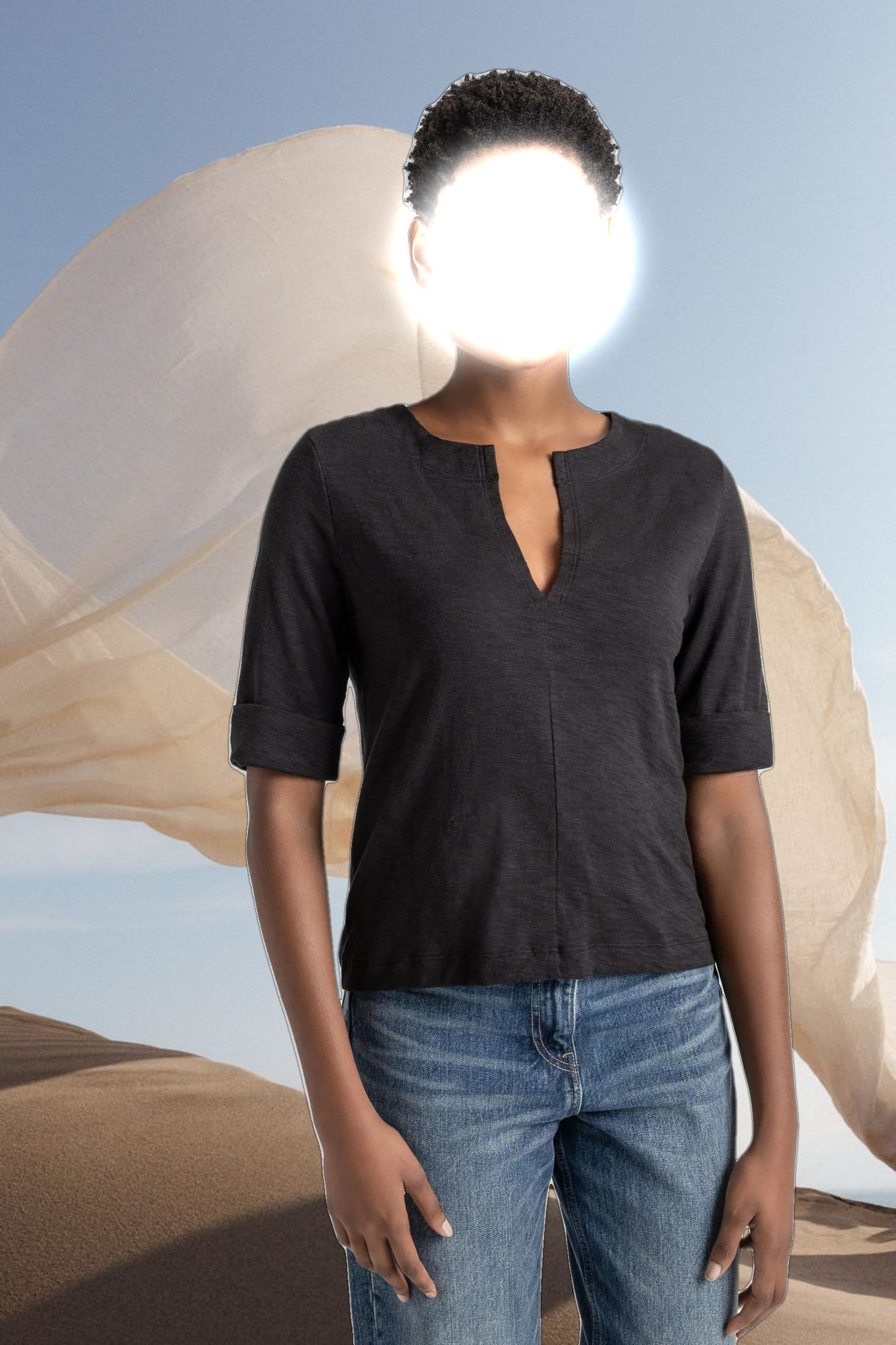 Cuff Sleeve Split Neck