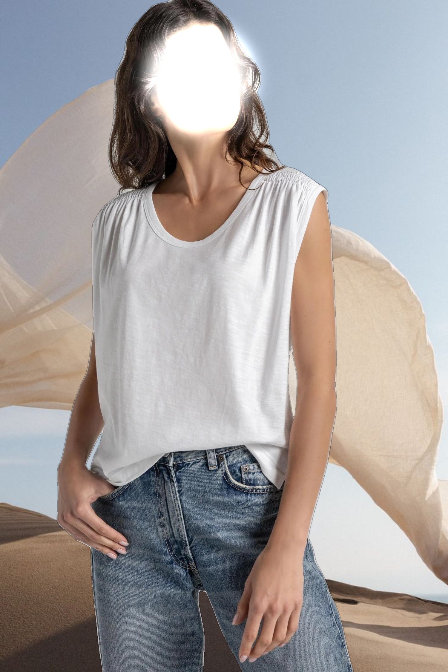 Shirred Shoulder Scoop Neck Tee