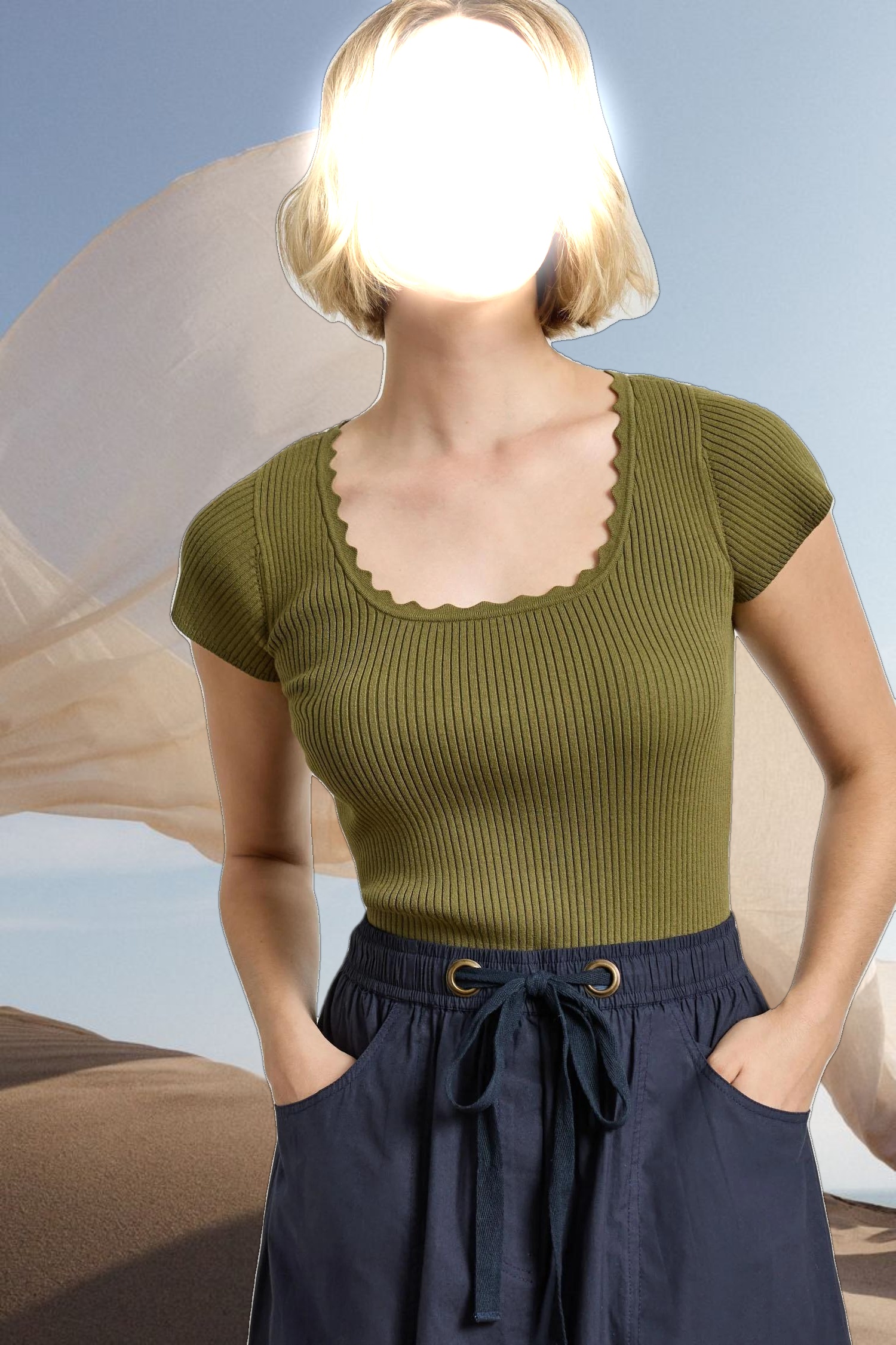Cap Sleeve Scallop Neck Sweater