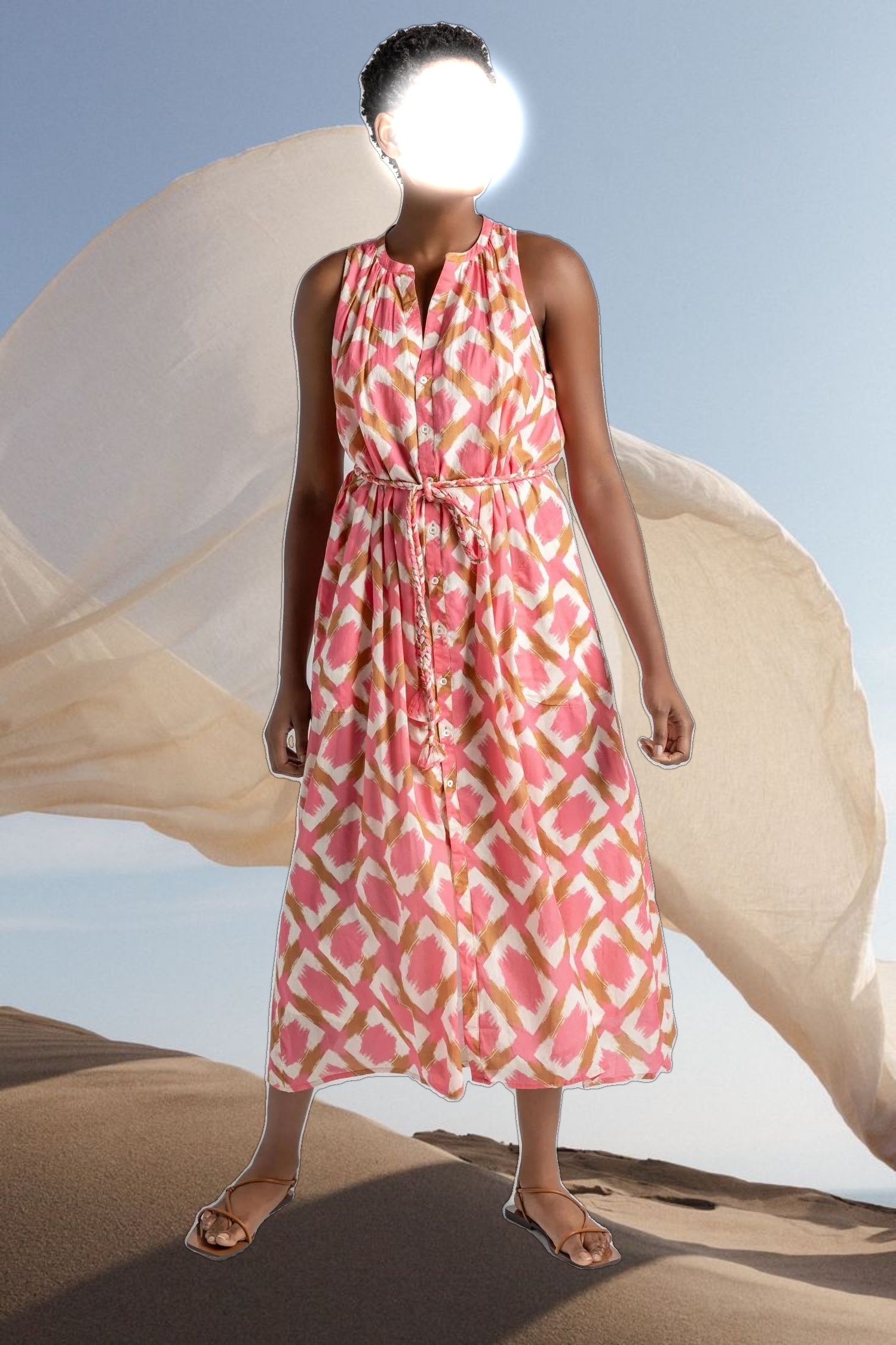 Split Neck Belted Maxi Dress