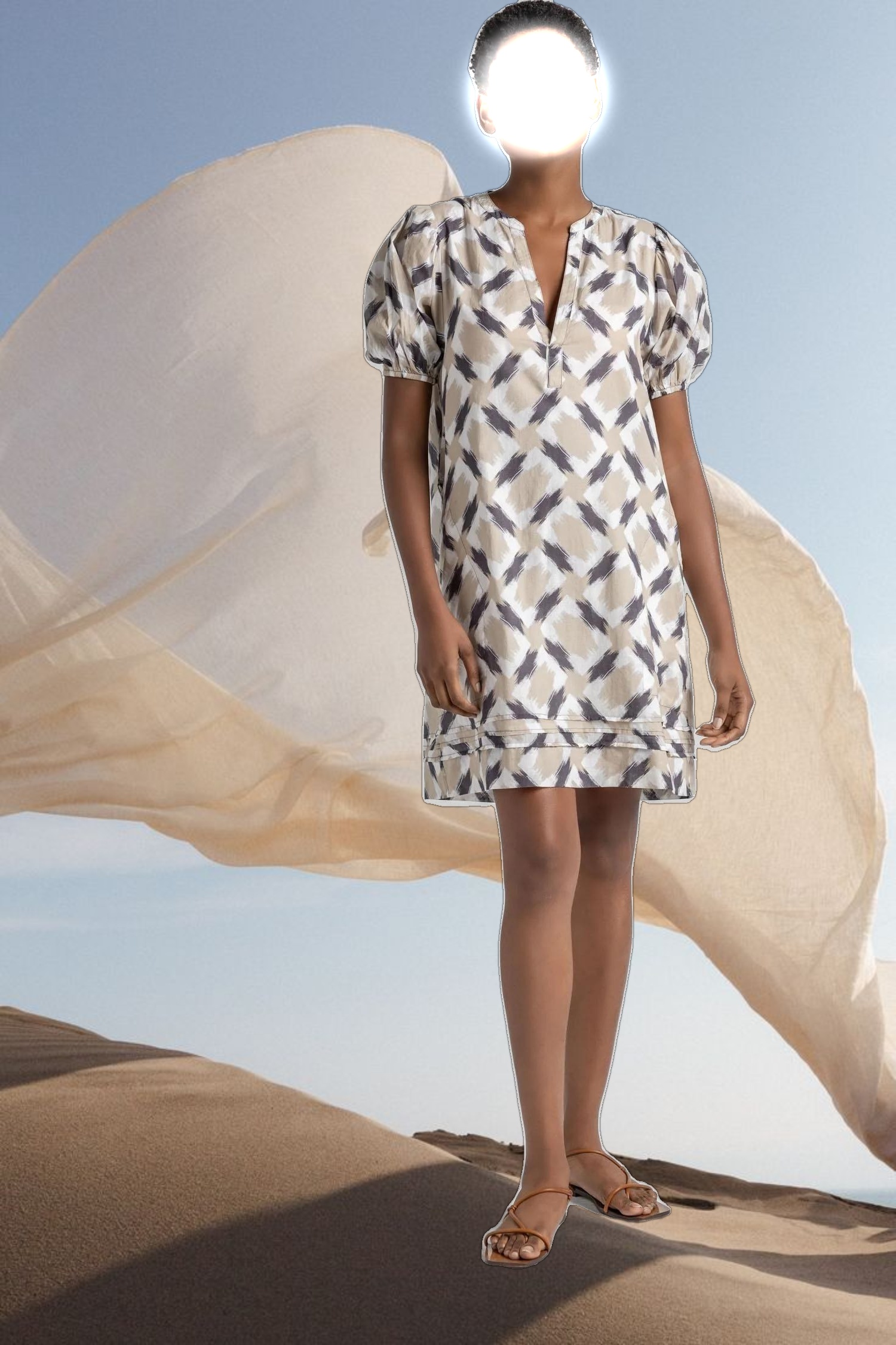 Shirred Elbow Sleeve Dress