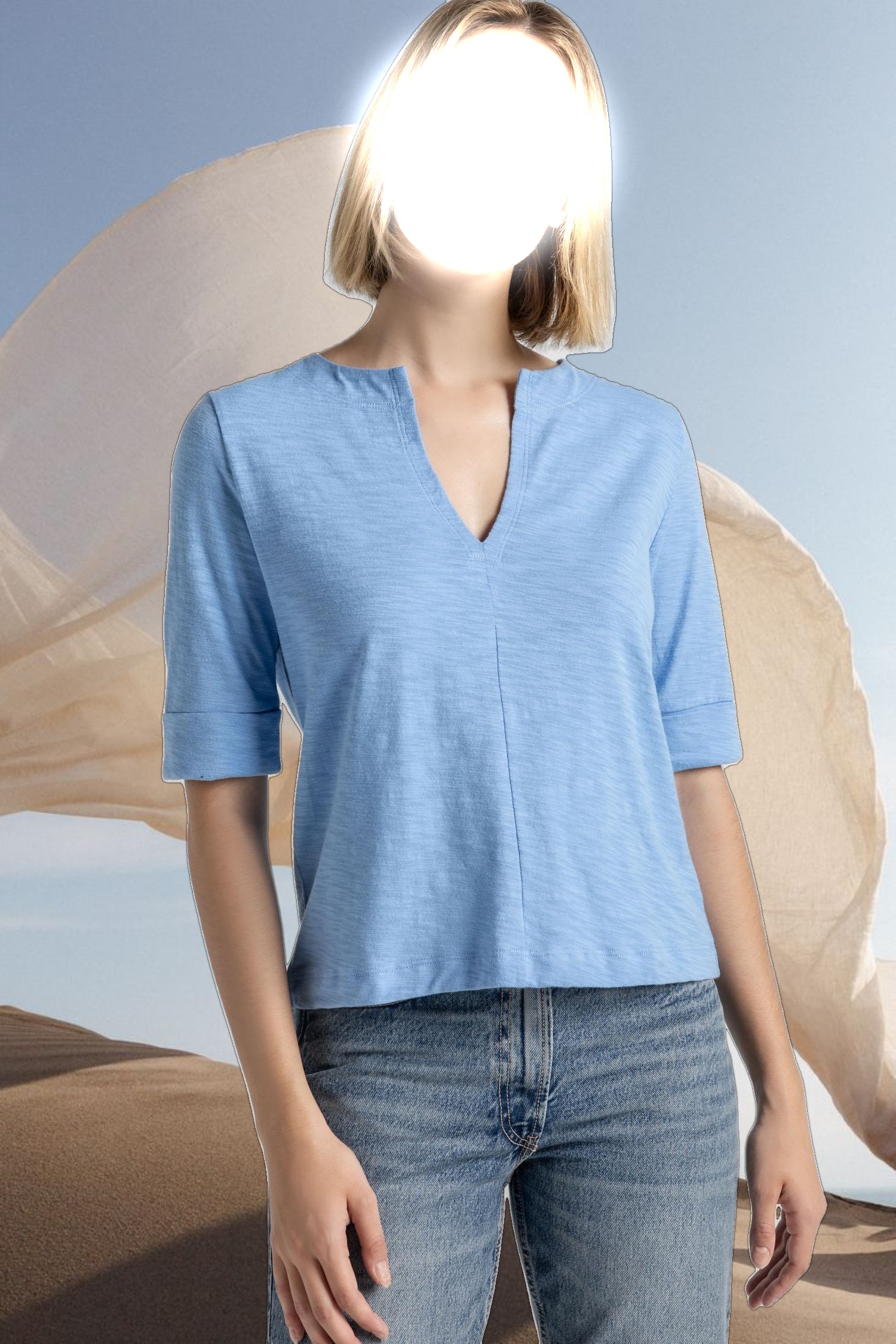 Cuff Sleeve Split Neck