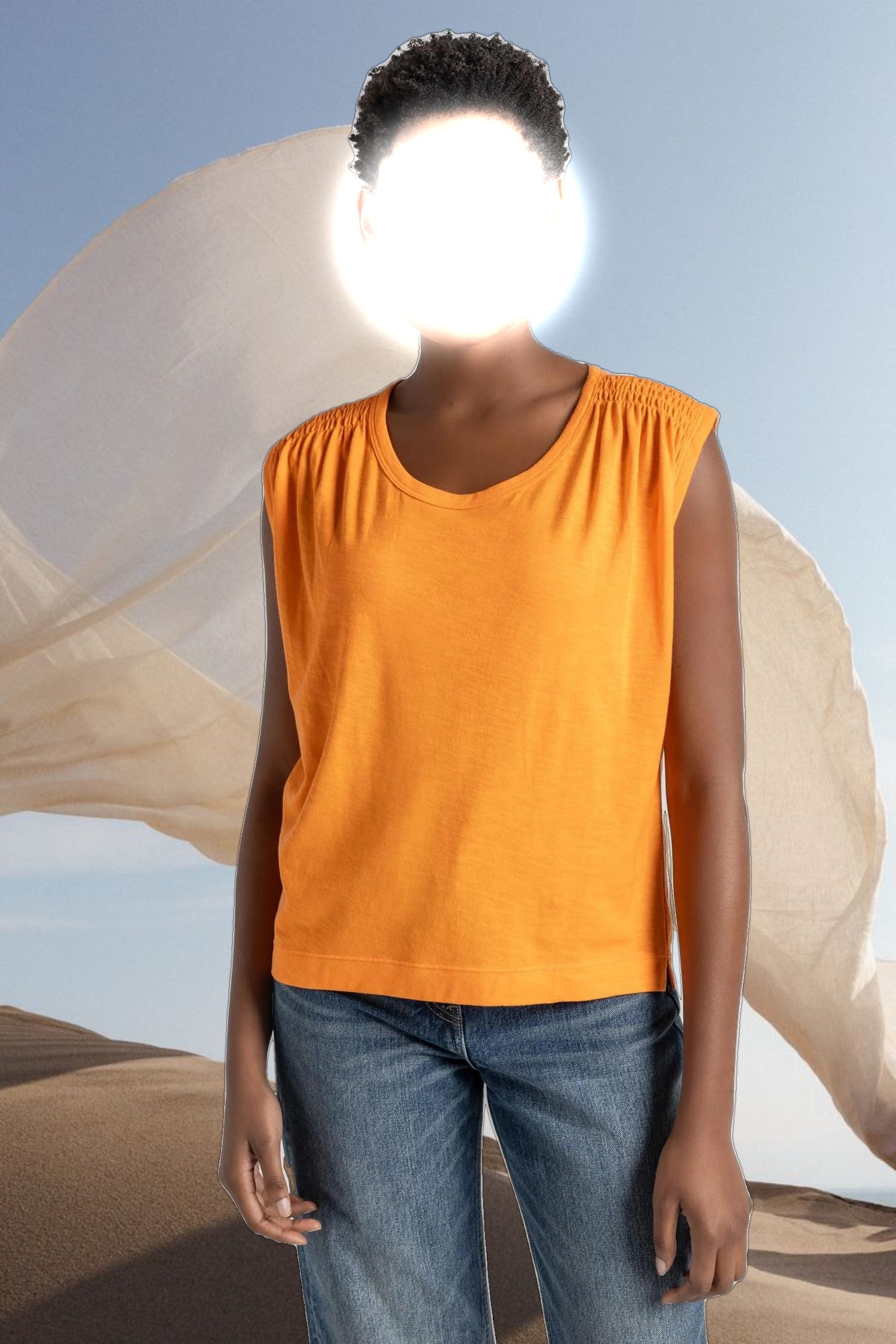 Shirred Shoulder Scoop Neck Tee