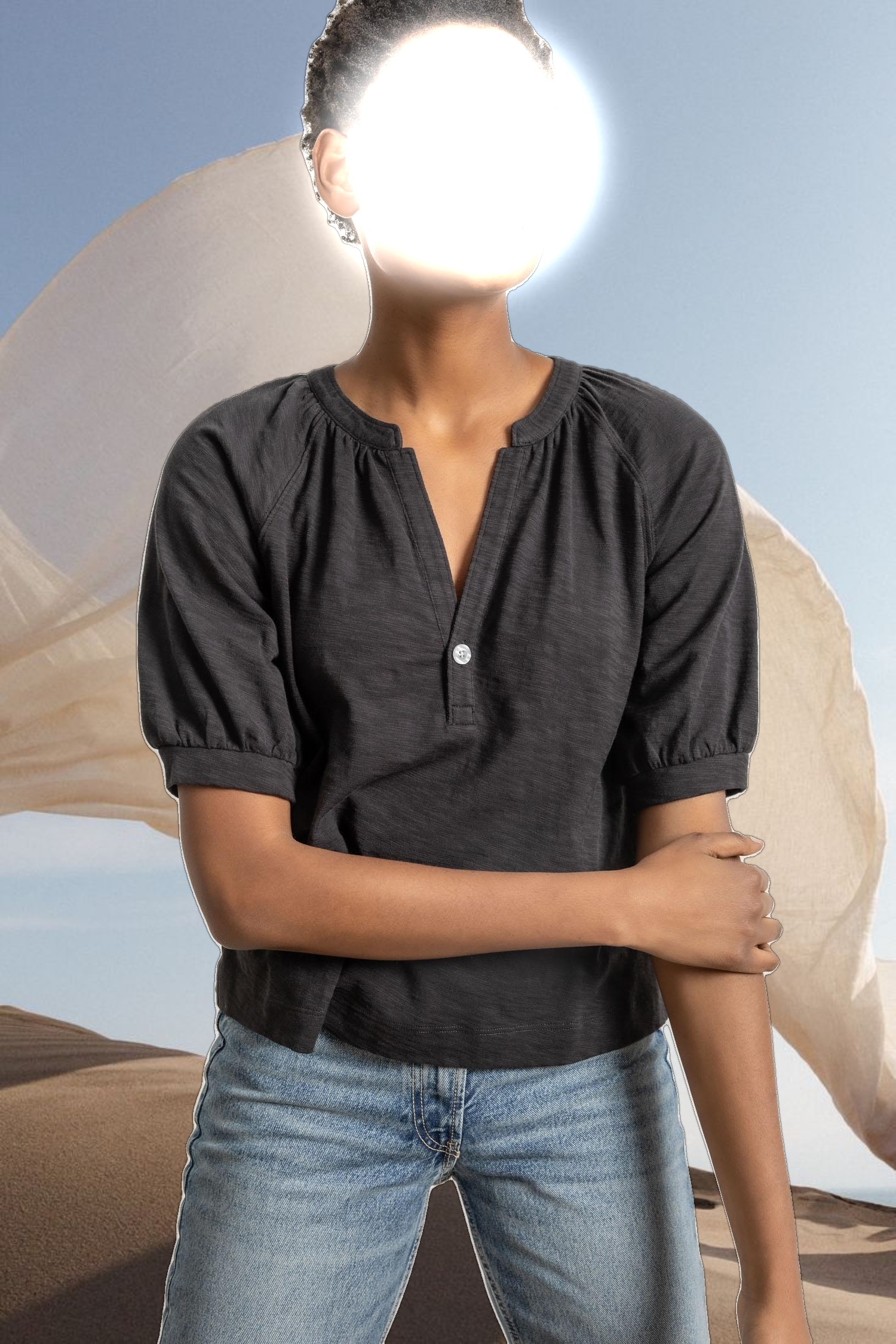 Shirred Split Neck Raglan