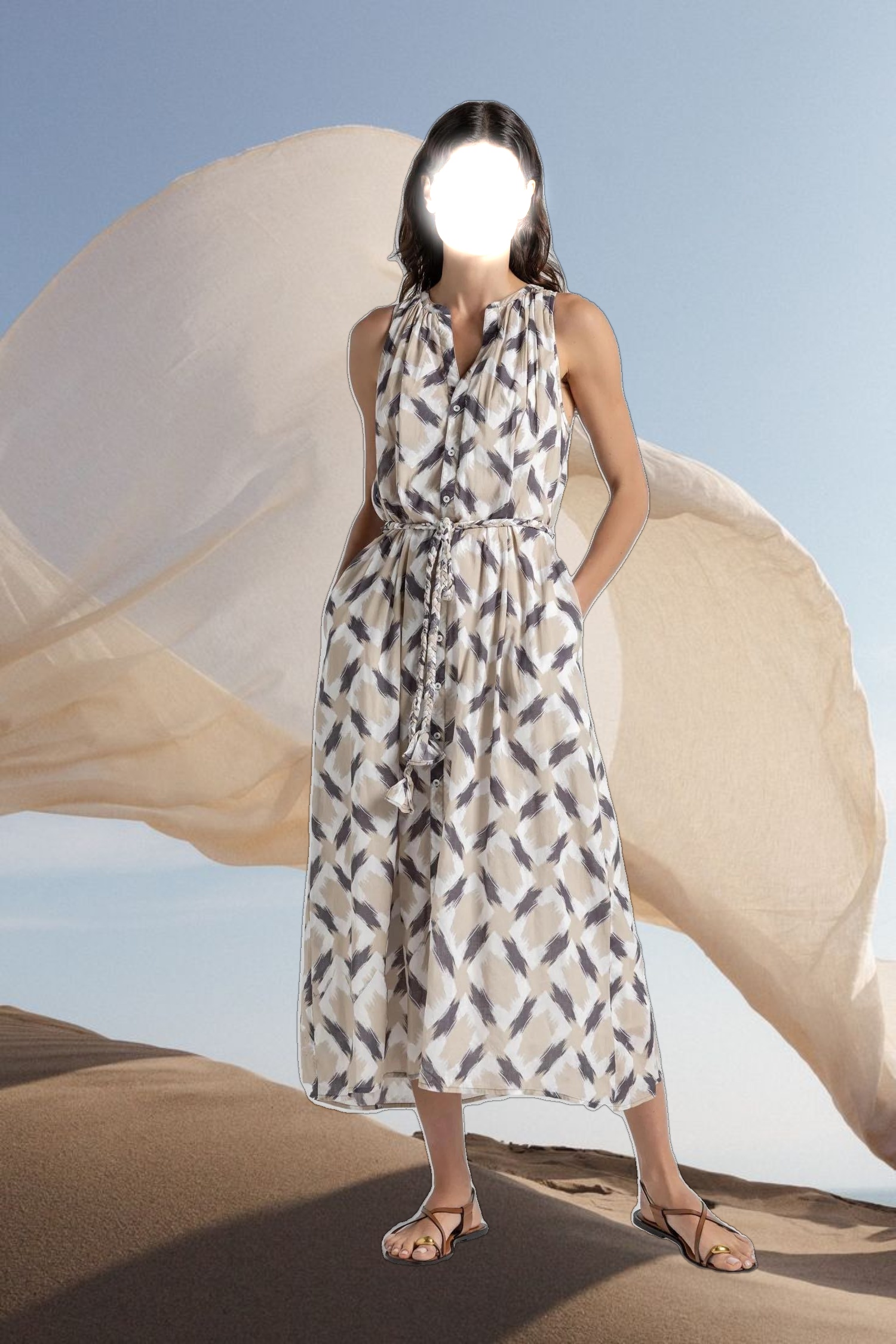 Split Neck Belted Maxi Dress