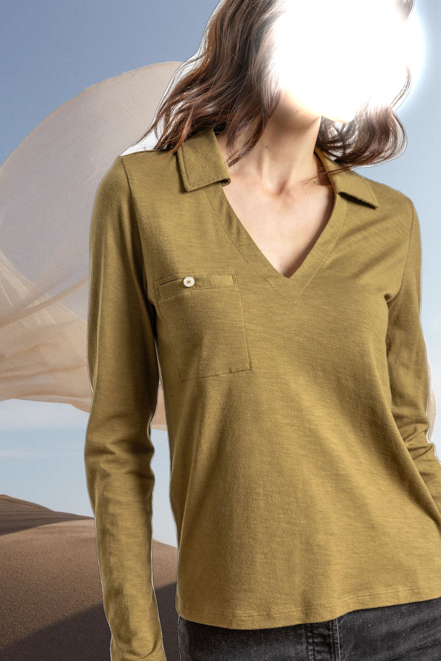 Long Sleeve Collared V-Neck