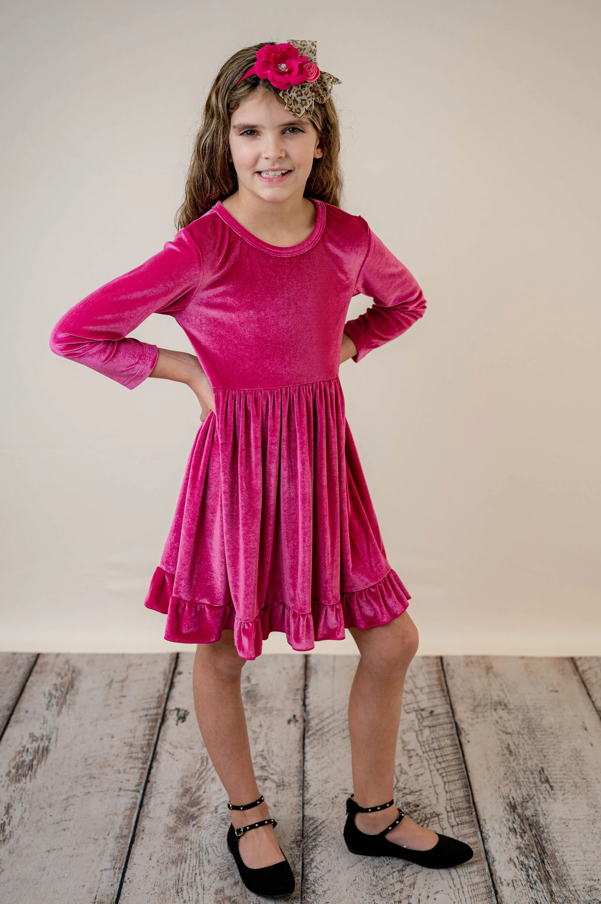 ELIZE VELOUR RUFFLE DRESS - HOT PINK