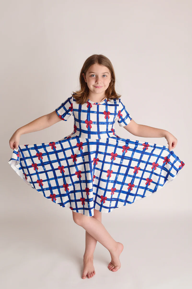 PATRIOTIC CHECKERED BOW TWIRL DRESS