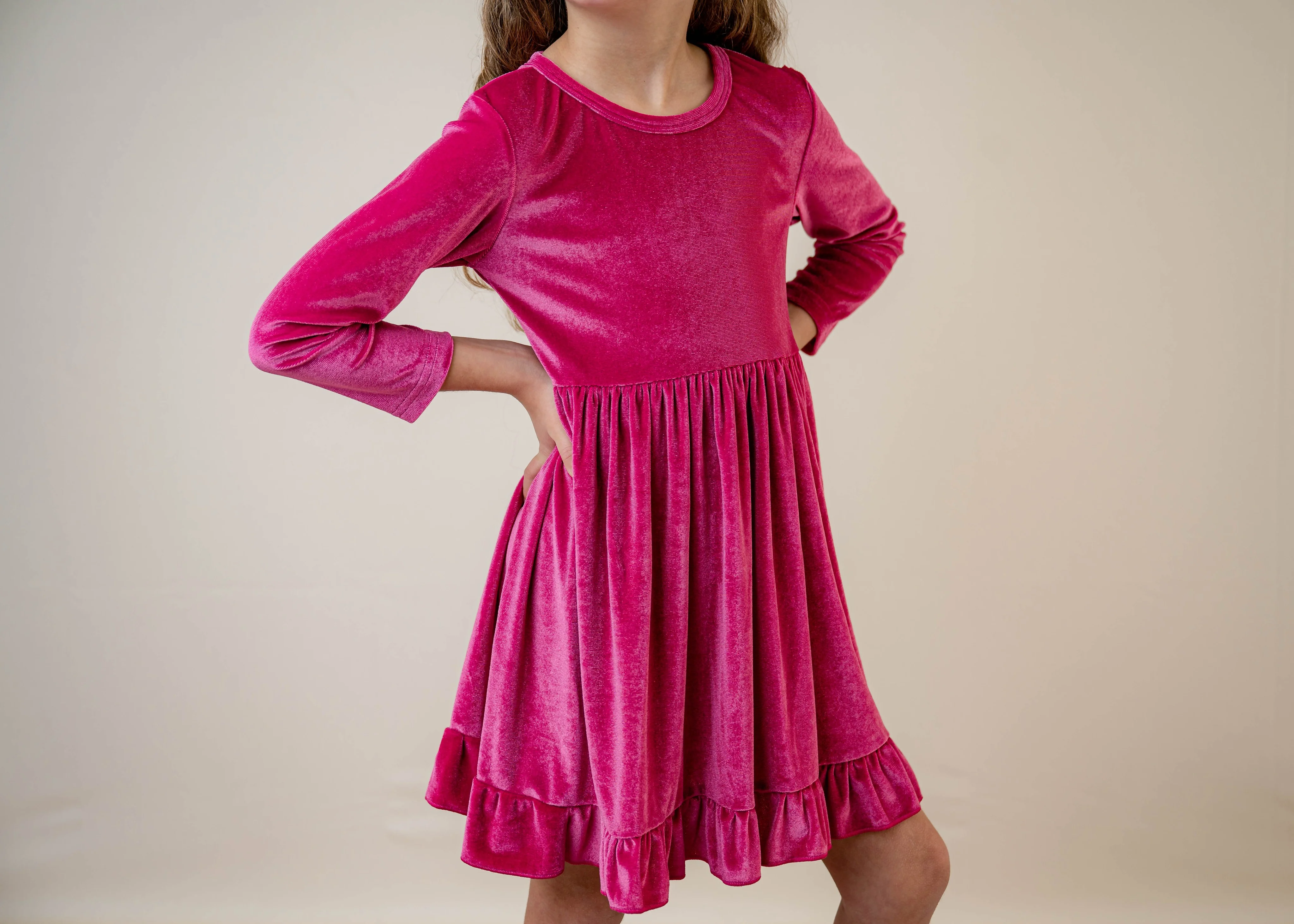 ELIZE VELOUR RUFFLE DRESS - HOT PINK