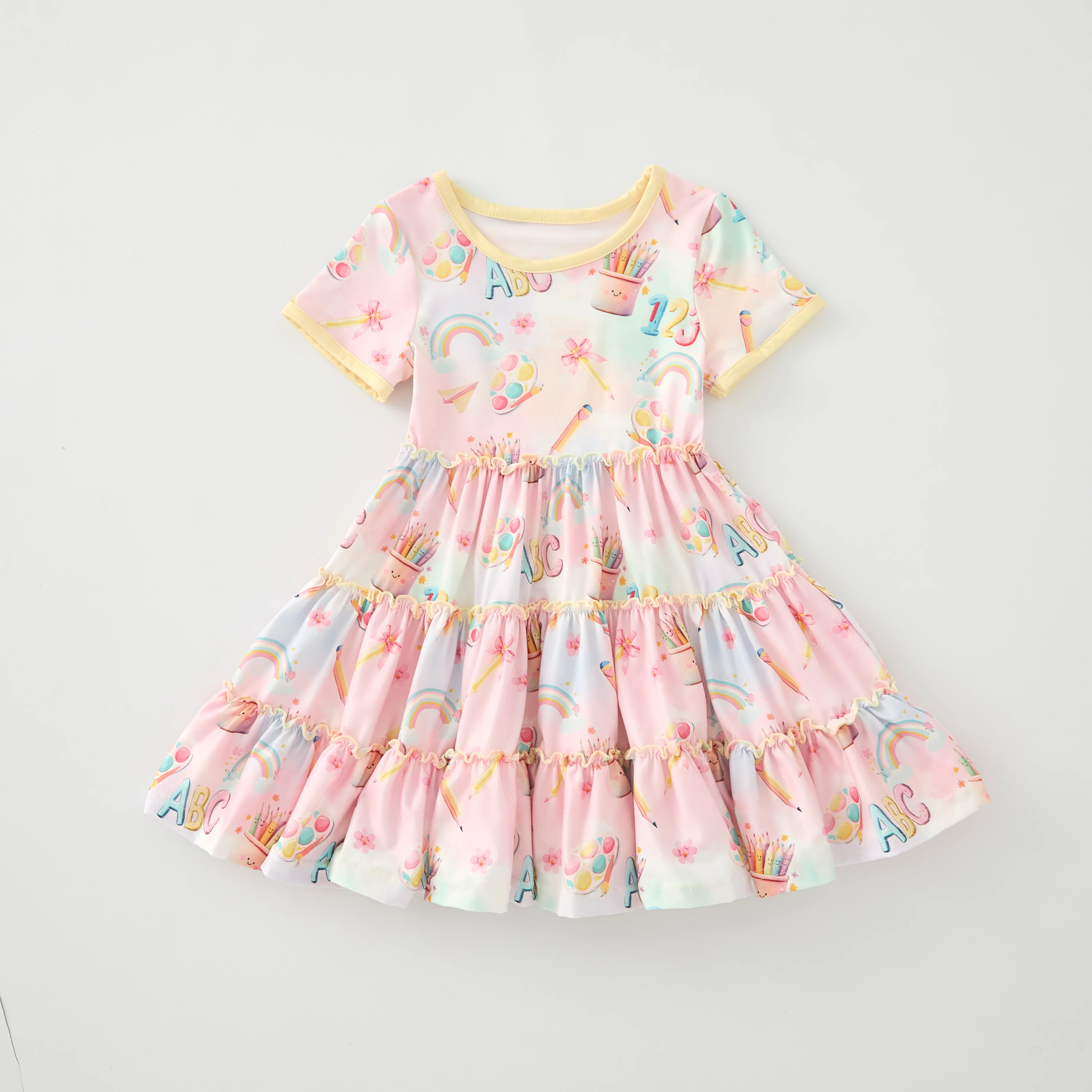 PASTEL BACK TO SCHOOL SUPPLIES RUFFLE DRESS PRESALE