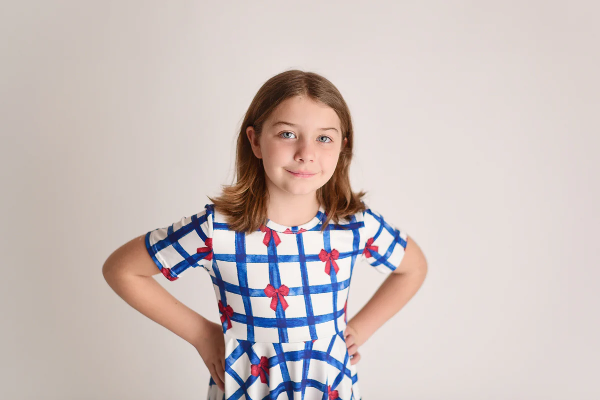 PATRIOTIC CHECKERED BOW TWIRL DRESS