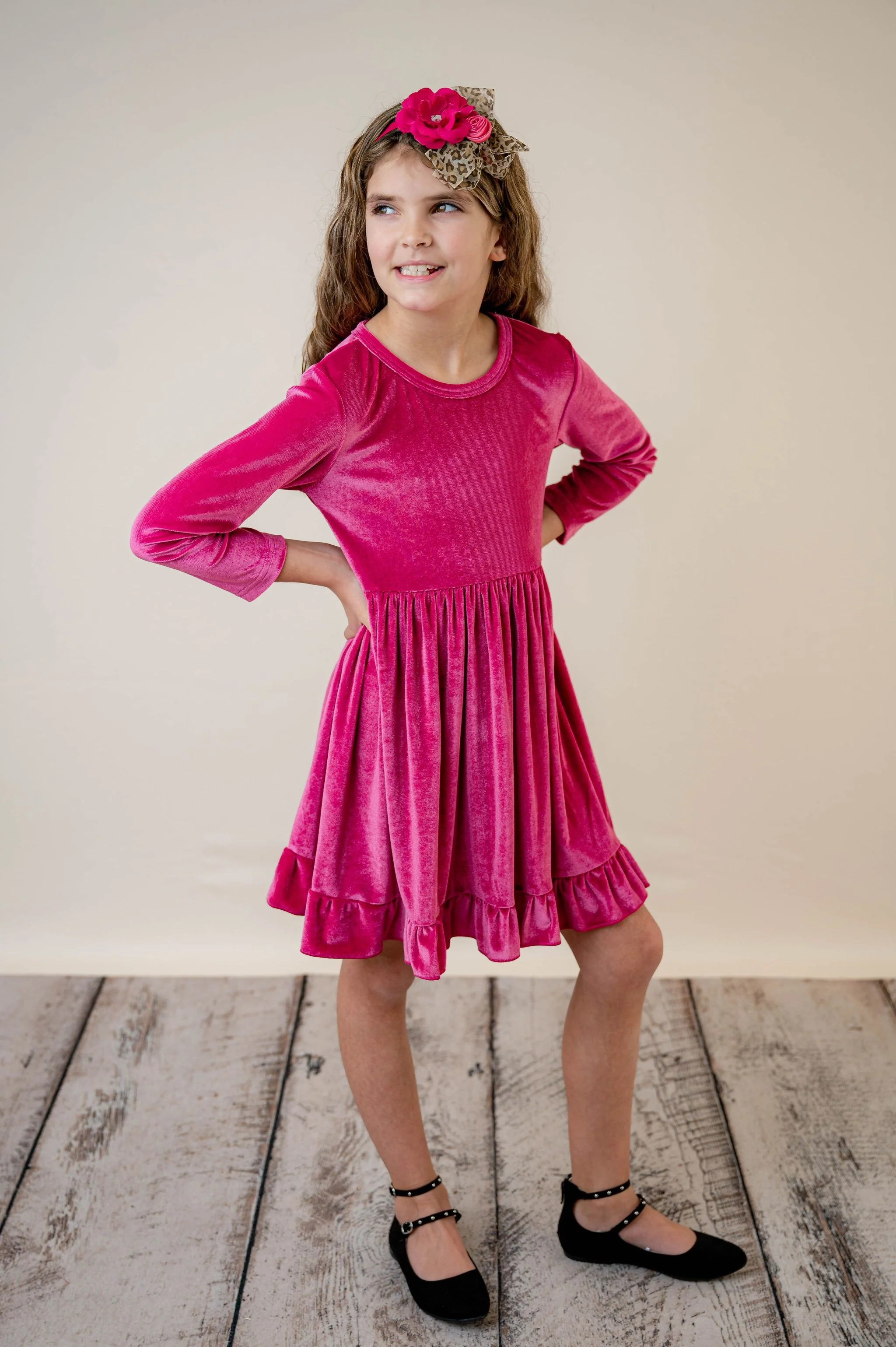 ELIZE VELOUR RUFFLE DRESS - HOT PINK