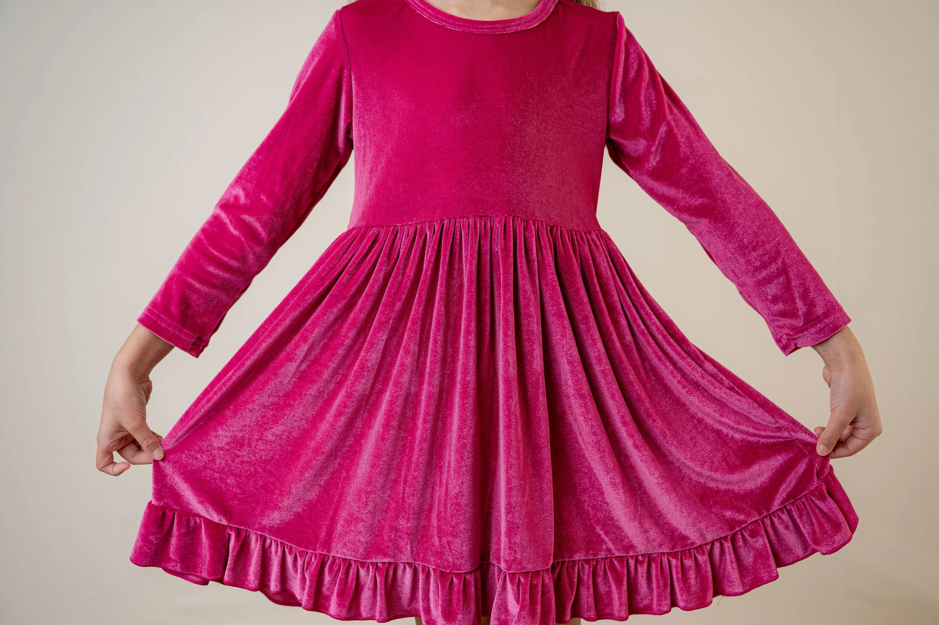 ELIZE VELOUR RUFFLE DRESS - HOT PINK