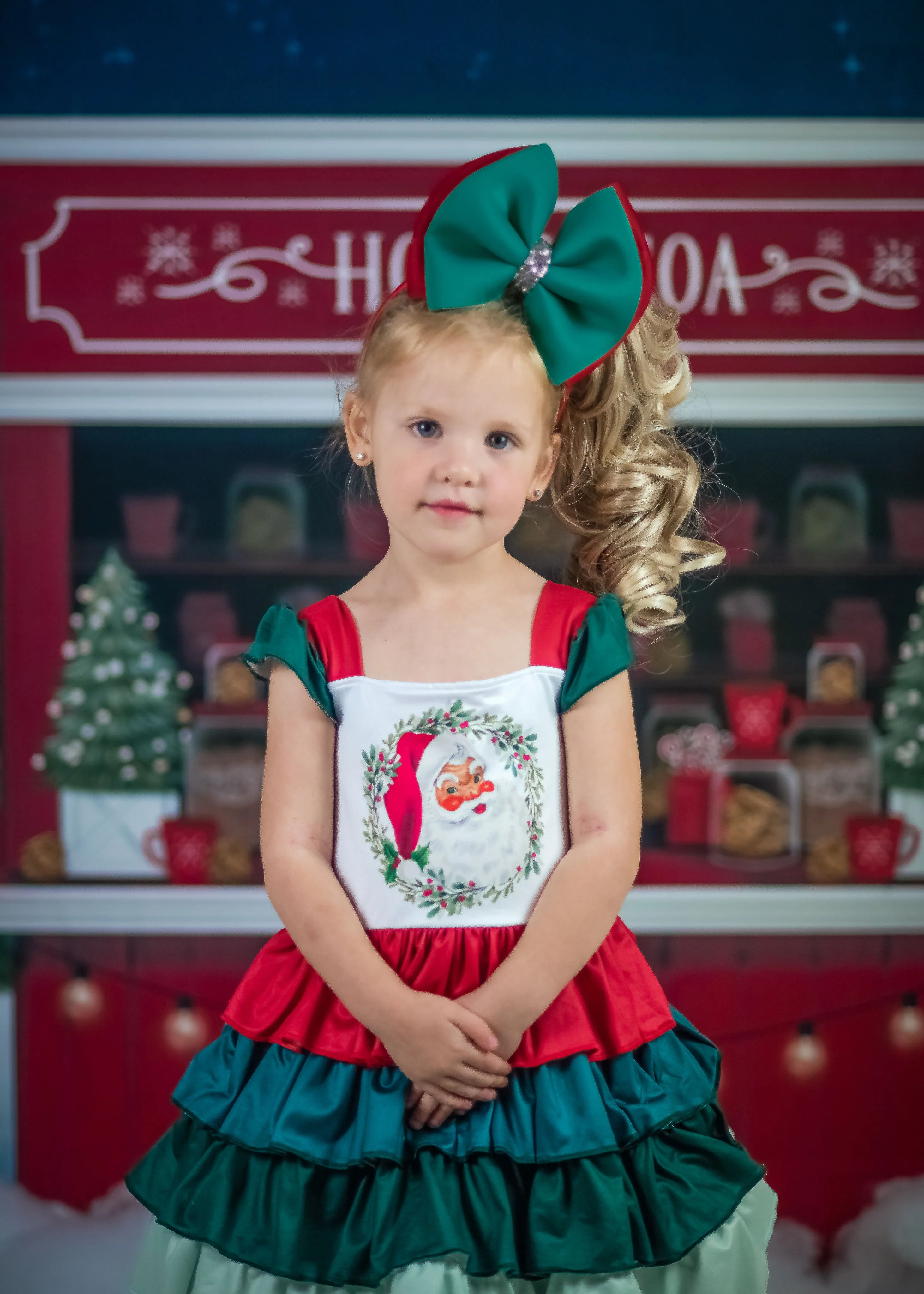 VINTAGE SANTA WREATH RUFFLED DRESS