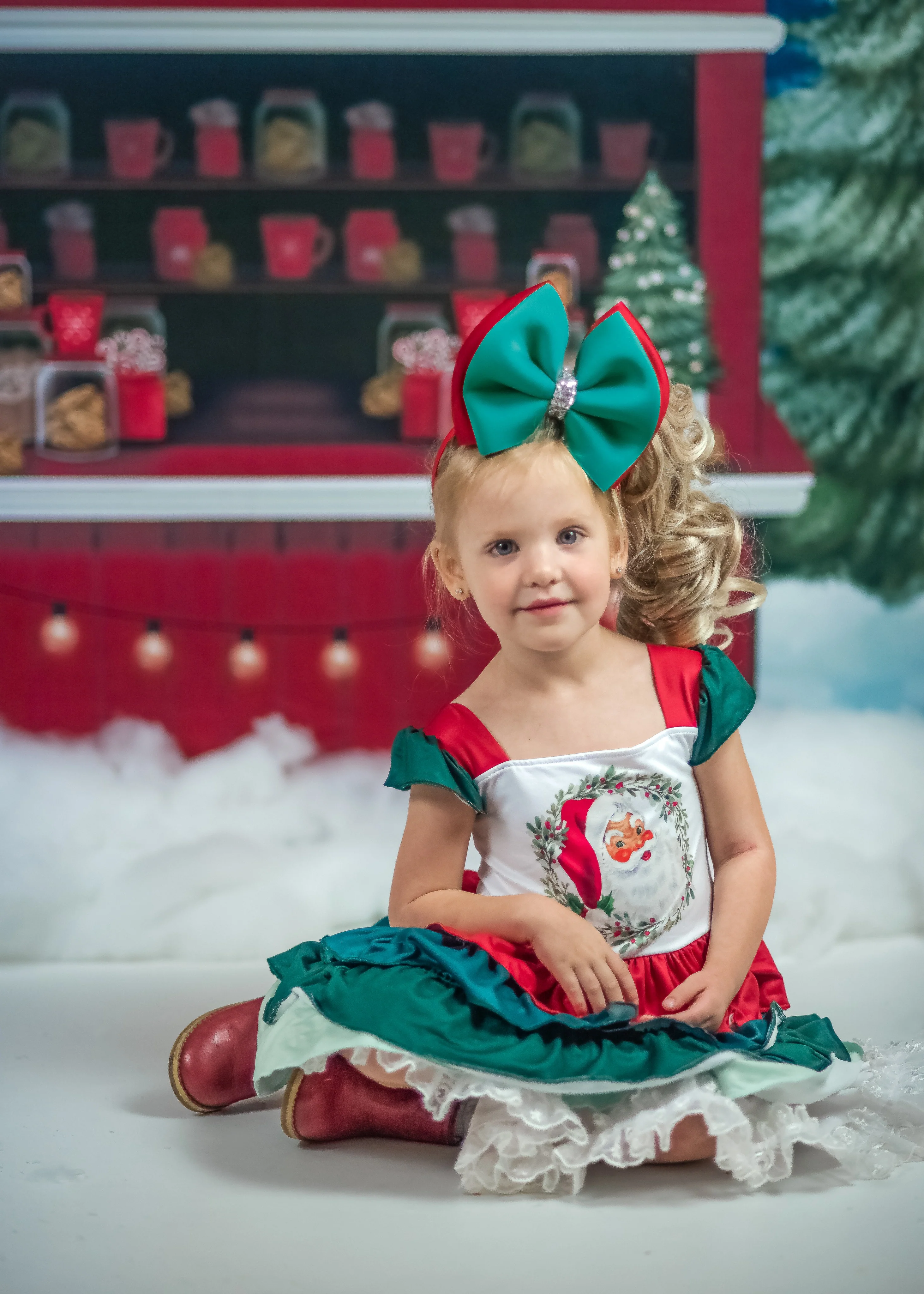 VINTAGE SANTA WREATH RUFFLED DRESS