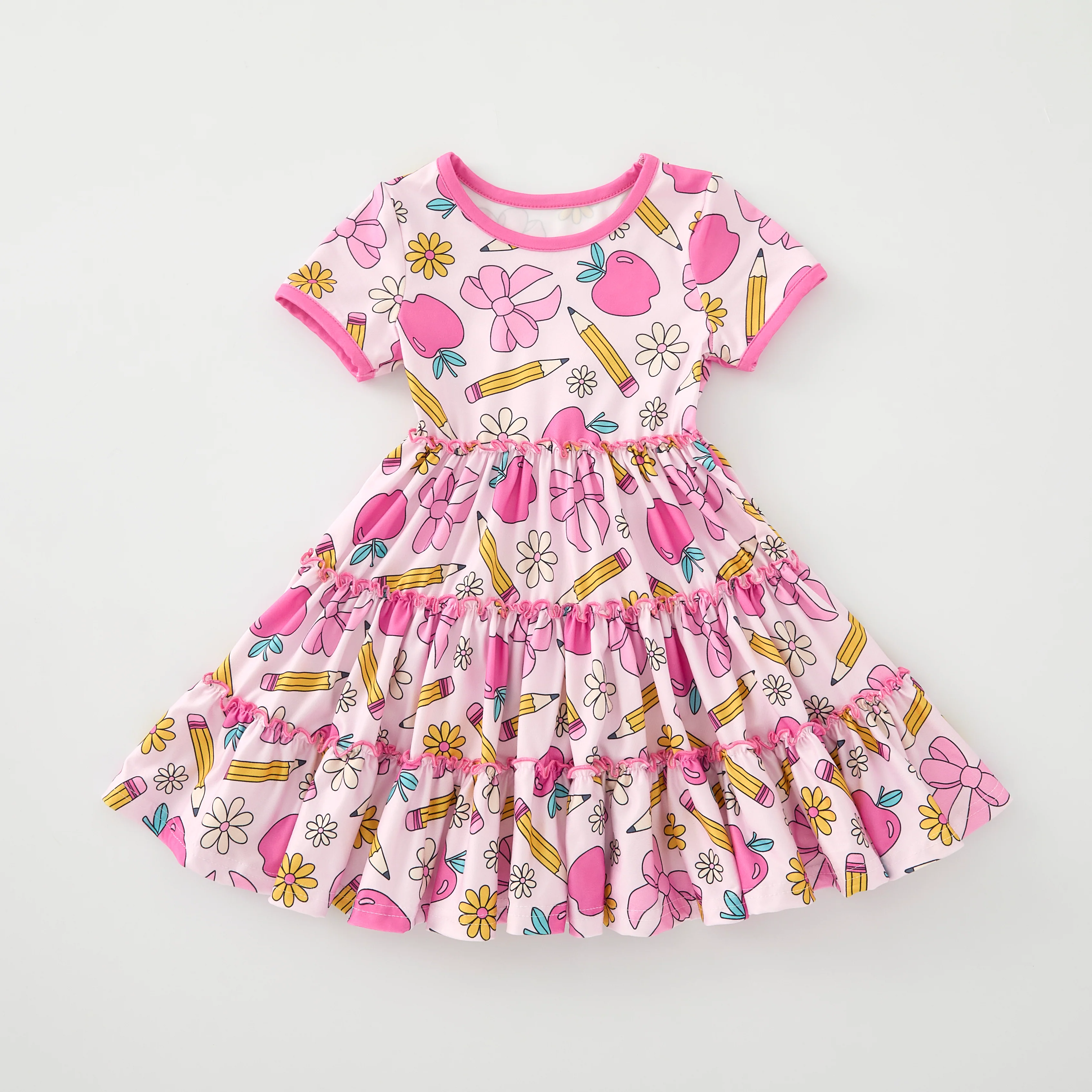 BACK TO SCHOOL PINK BOW PENCIL RUFFLE DRESS PRE-ORDER