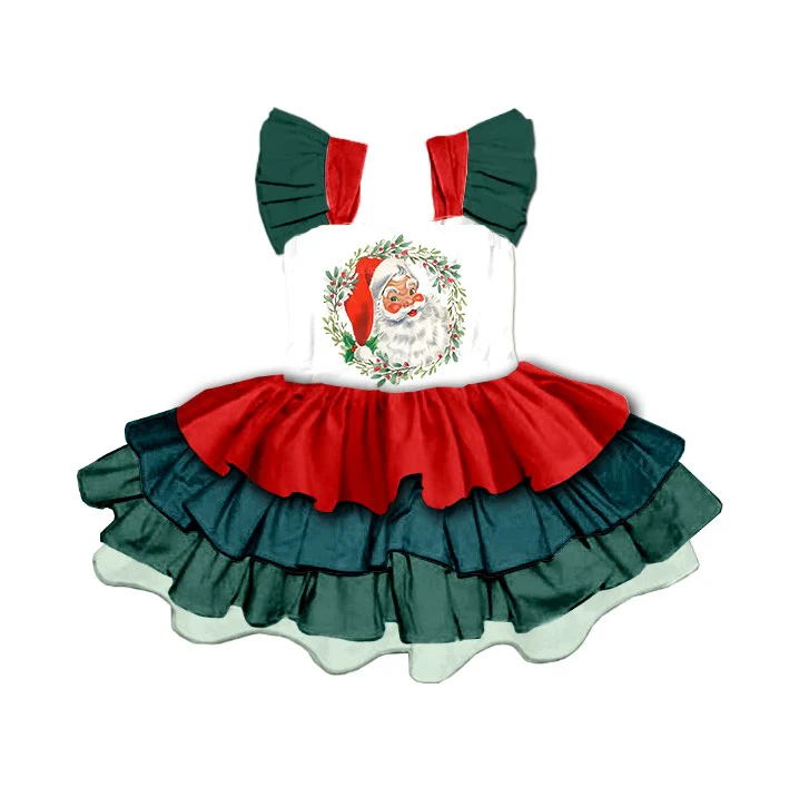 VINTAGE SANTA WREATH RUFFLED DRESS