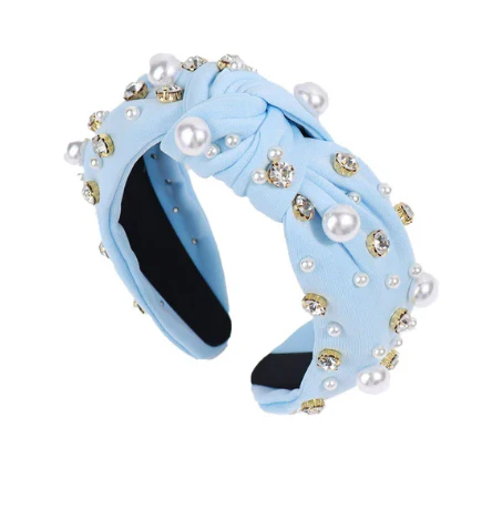 RHINESTONE PEARL HEADBAND -  LIGHT BLUE