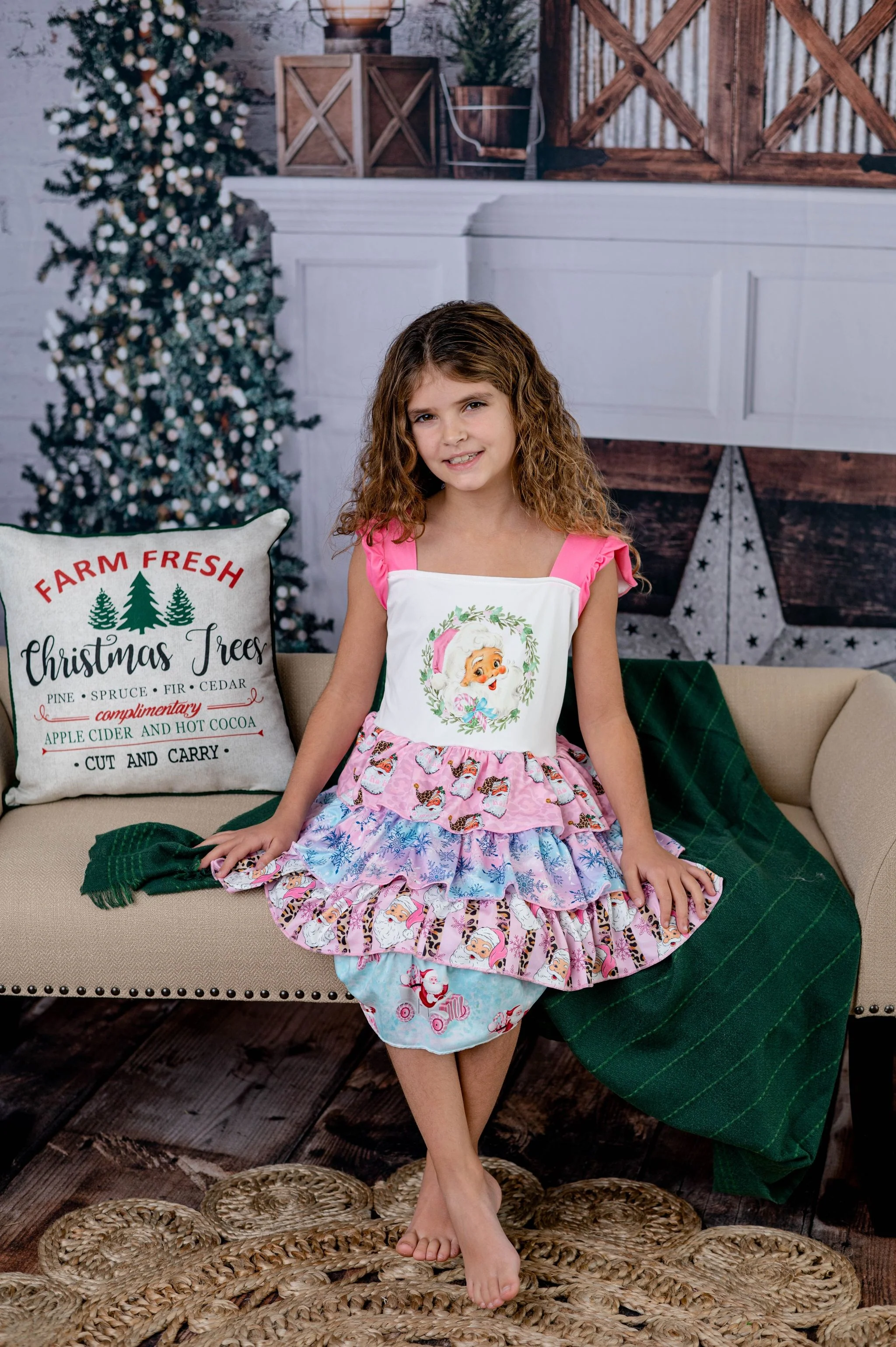 PINK CHRISTMAS RUFFLED DRESS FLUTTER SLEEVES