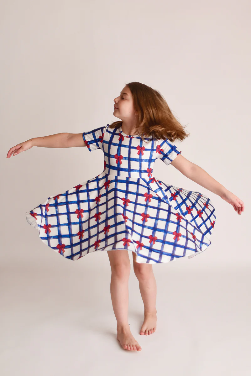 PATRIOTIC CHECKERED BOW TWIRL DRESS
