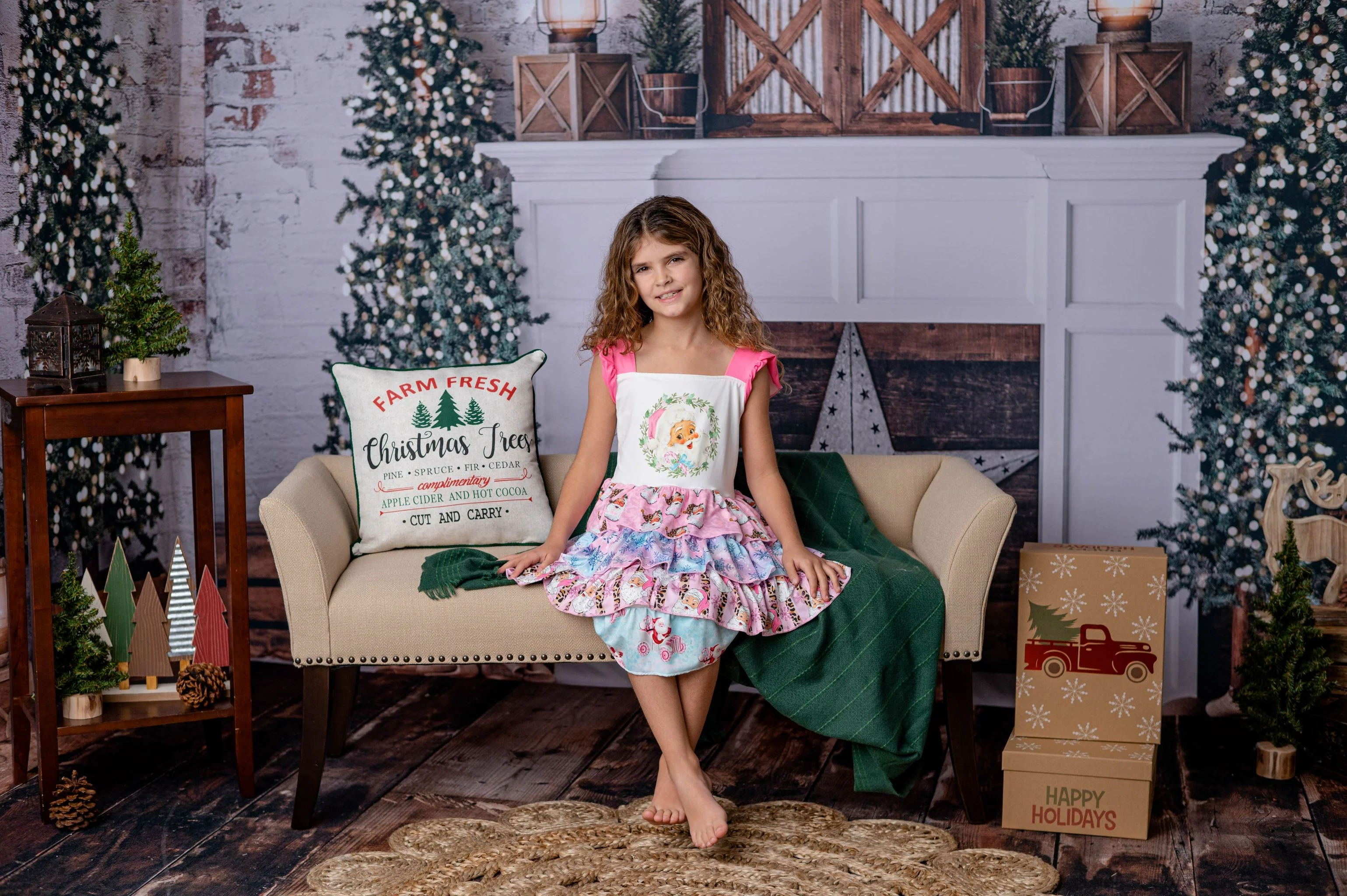 PINK CHRISTMAS RUFFLED DRESS FLUTTER SLEEVES