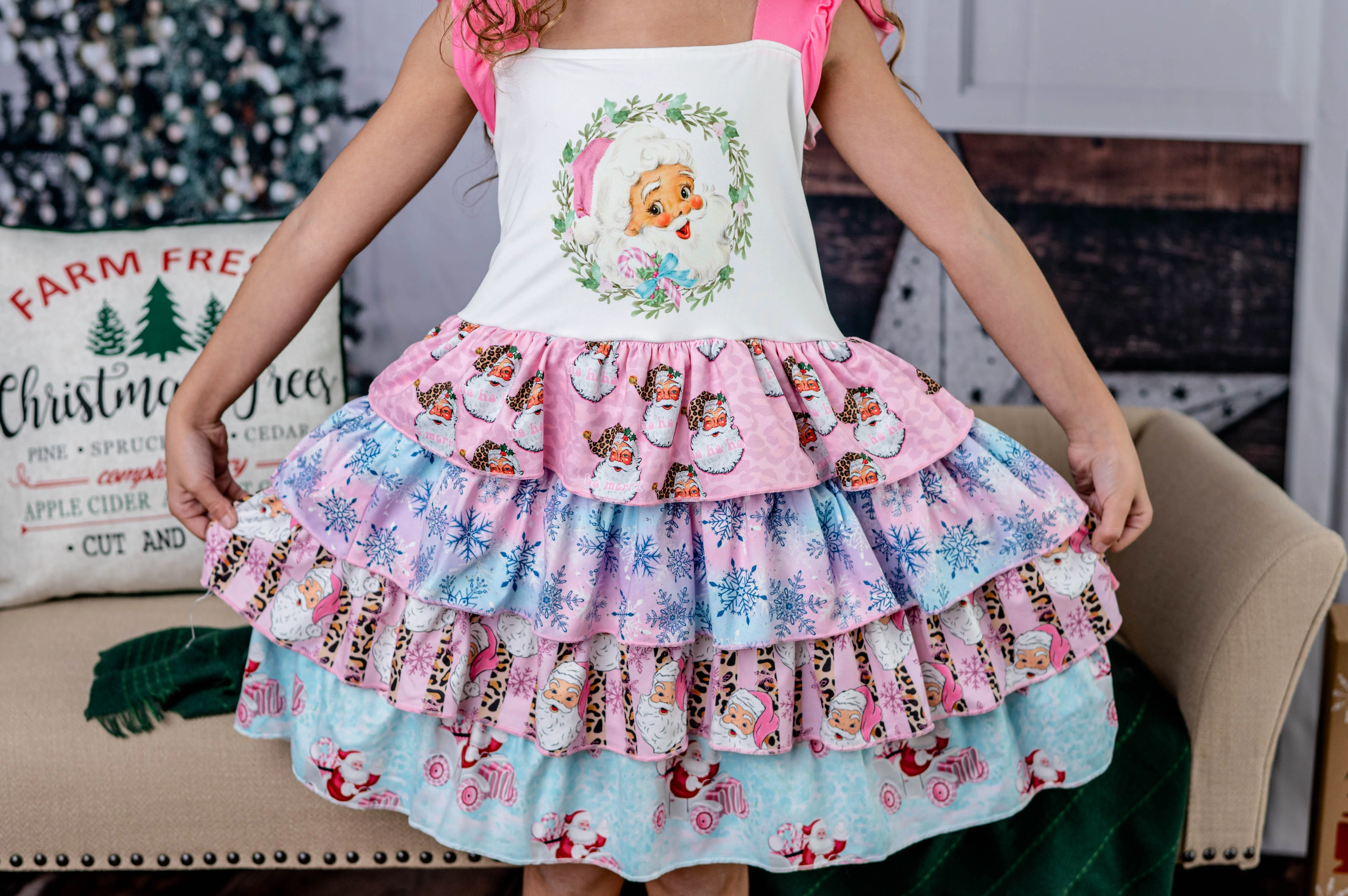 PINK CHRISTMAS RUFFLED DRESS FLUTTER SLEEVES