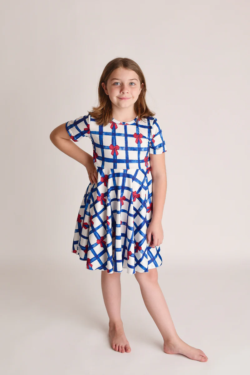 PATRIOTIC CHECKERED BOW TWIRL DRESS