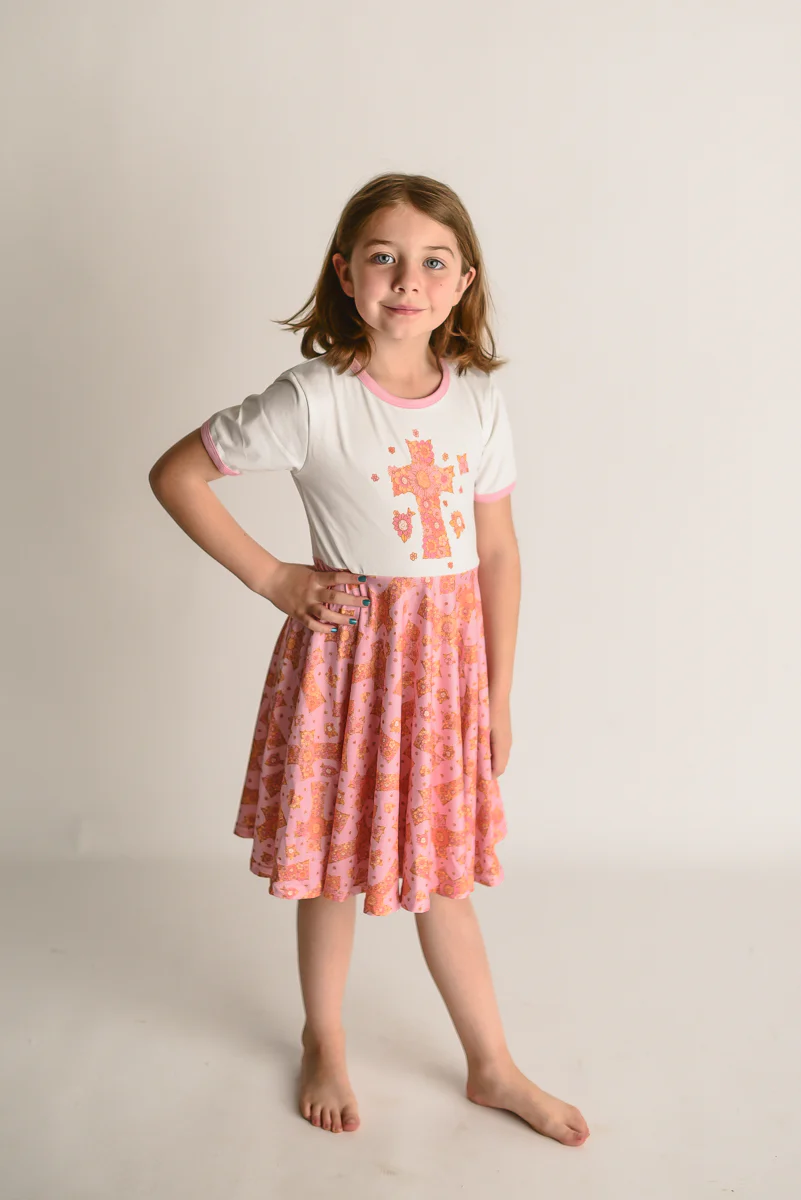 EASTER PINK FLORAL CROSS TWIRL DRESS