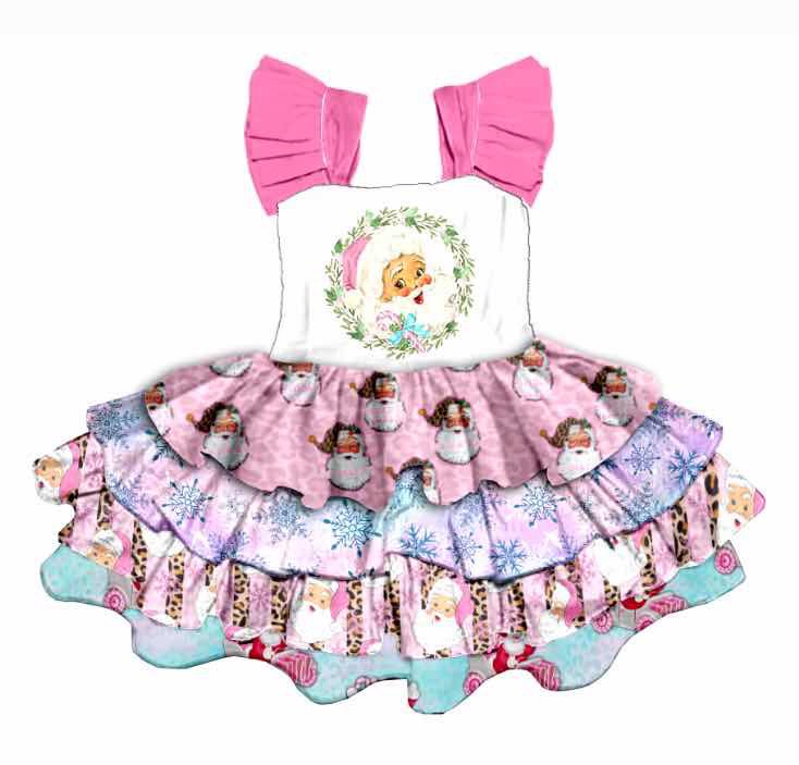 PINK CHRISTMAS RUFFLED DRESS FLUTTER SLEEVES