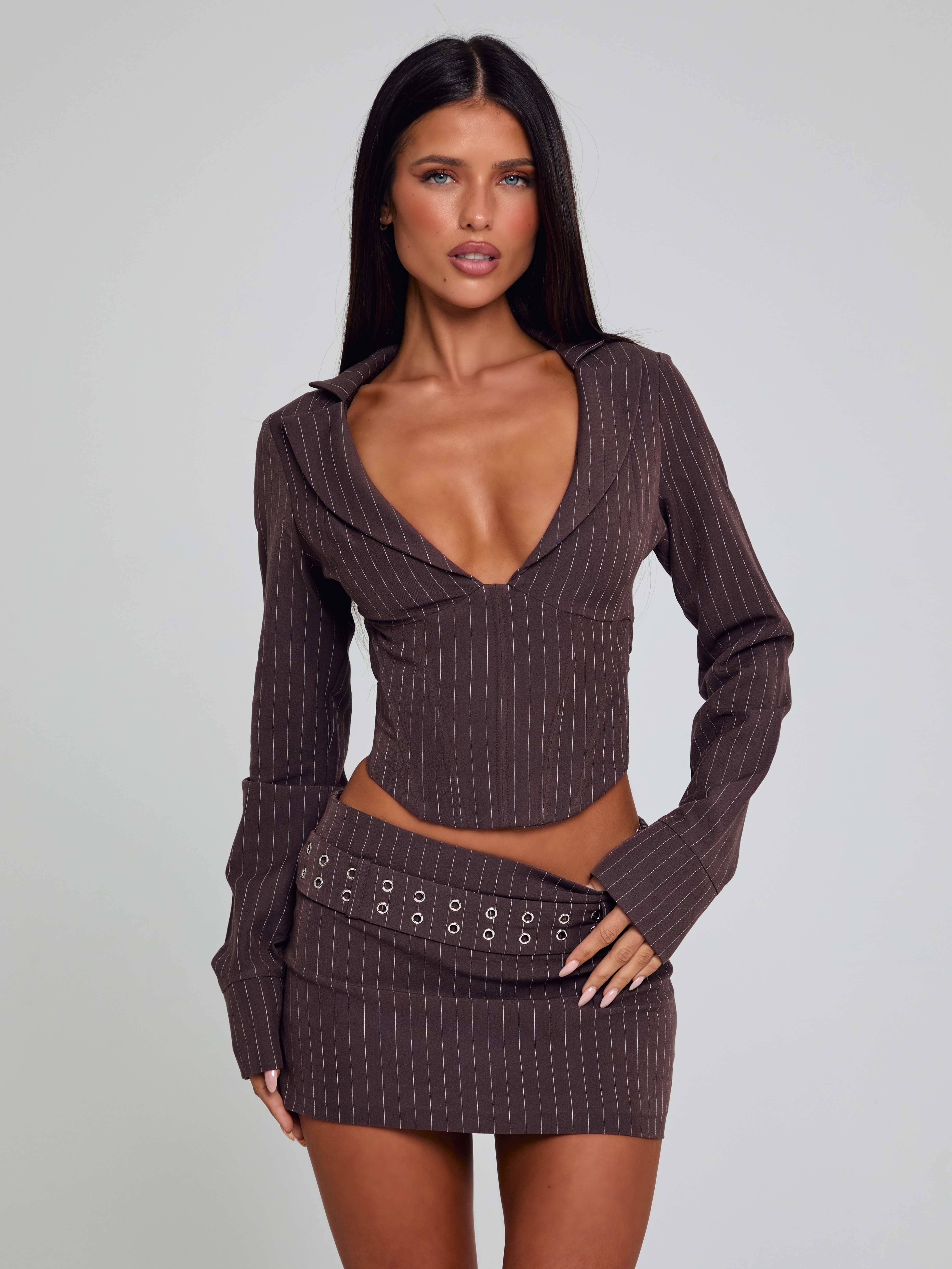KESSIA MINI SKIRT BROWN PINSTRIPE
