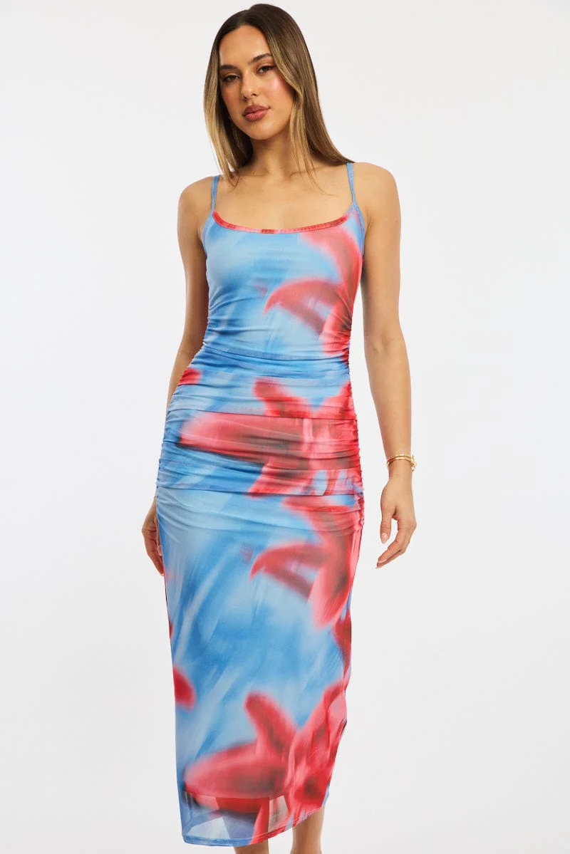 Blue Floral Bodycon Dress Singlet Mesh