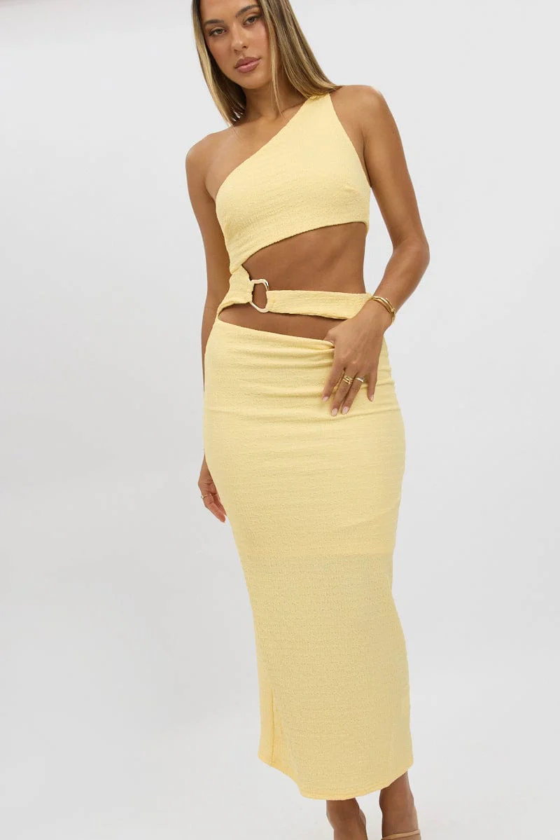 Yellow Bodycon Dress One Shoulder Textured