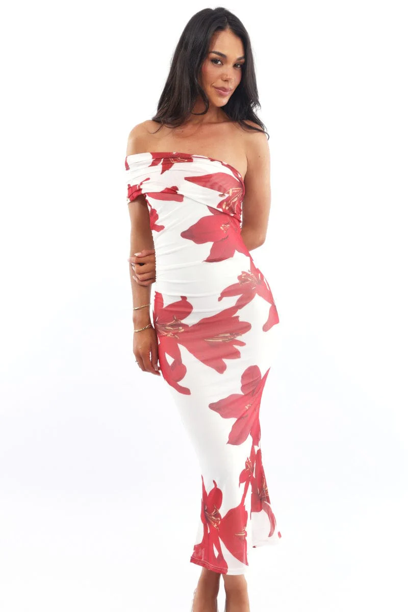 White Floral Bodycon Dress One Shoulder Mesh