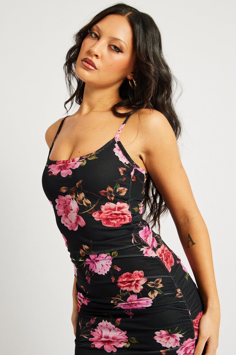 Black Floral Bodycon Dress Singlet Maxi