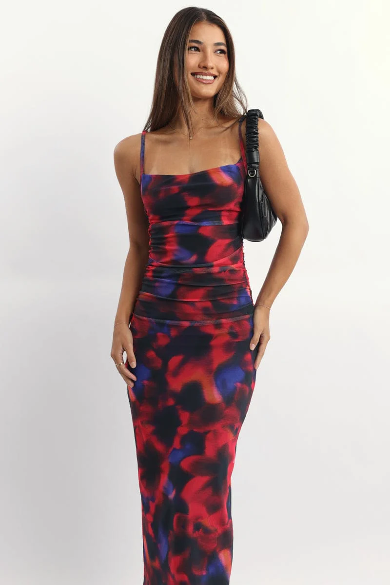Multi Floral Bodycon Dress Mesh Maxi