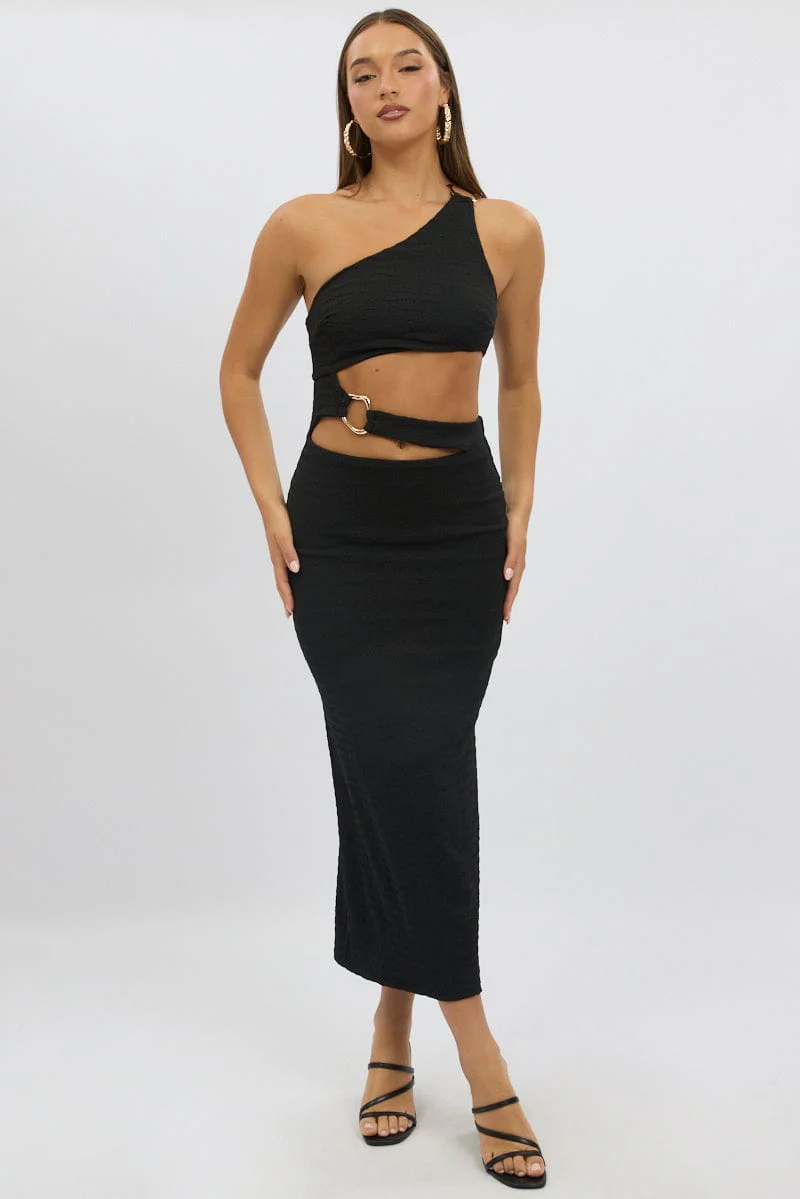Black Bodycon Dress One Shoulder Textured