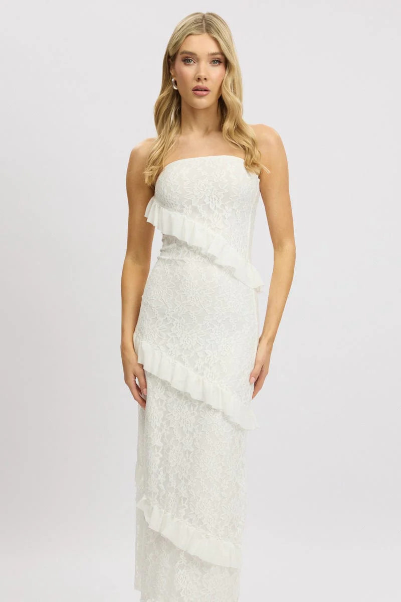White Bodycon Dress Boob Tube Ruffle Midi Lace