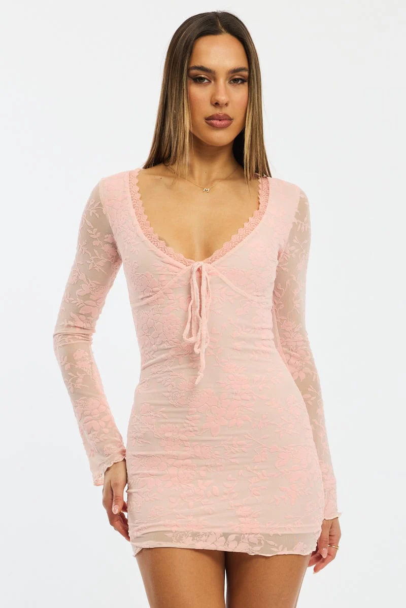 Pink Bodycon Dress Mini Long Sleeve Burnout