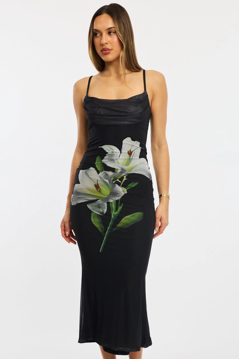 Black Floral Bodycon Dress Maxi