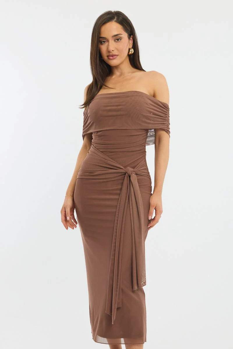 Brown Bodycon Dress Off Shoulder Mesh