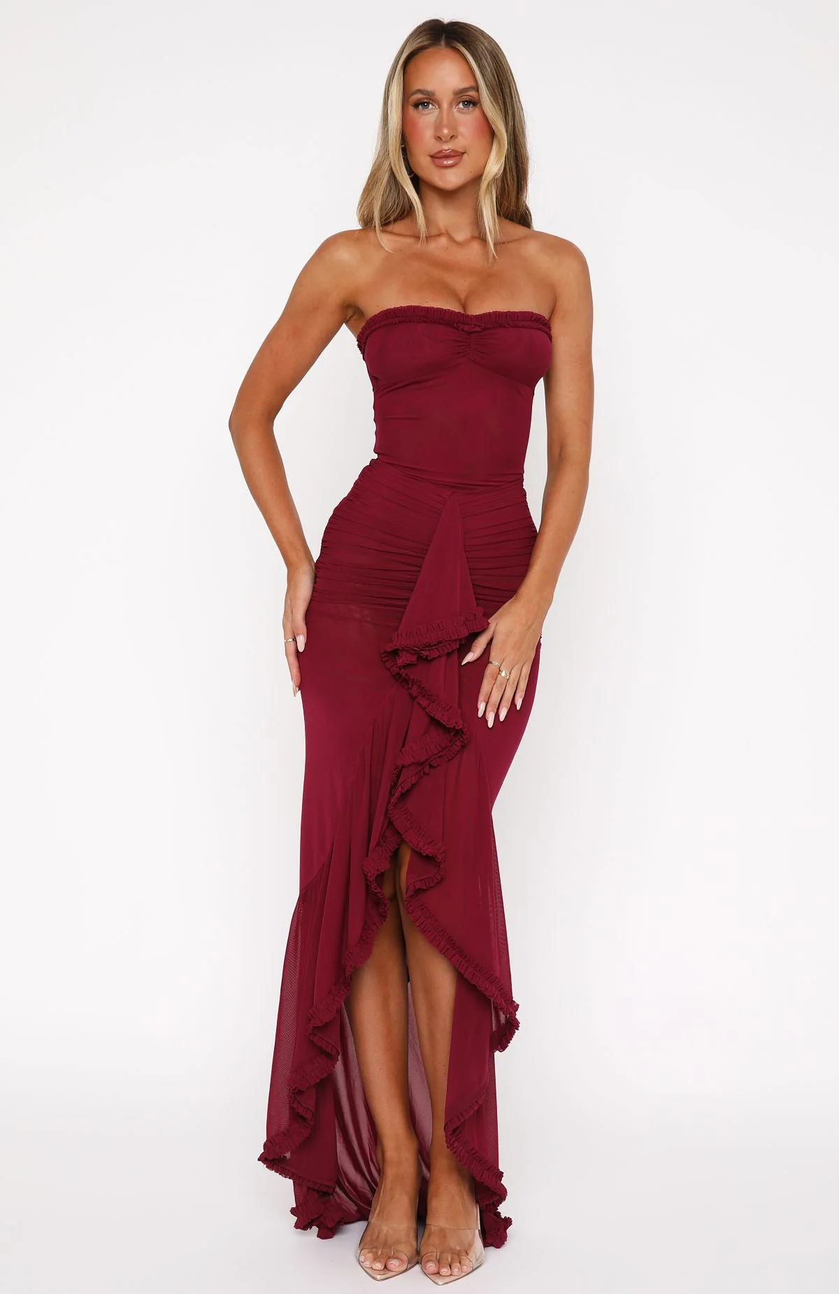 Still Got It Mesh Maxi Dress Dark Burgundy